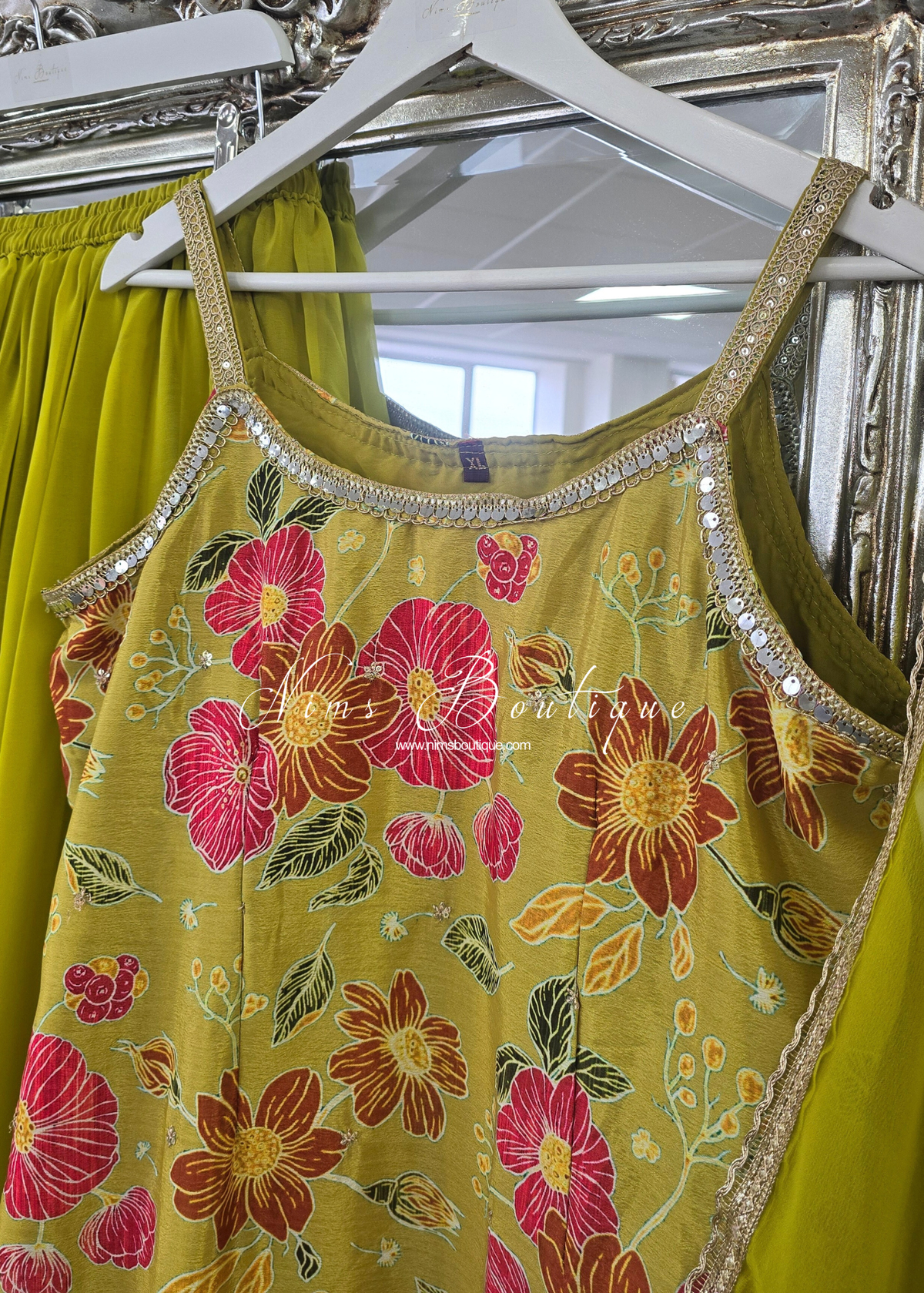 Lime Floral Strap Embroidered Sharara Suit (size 16-18)