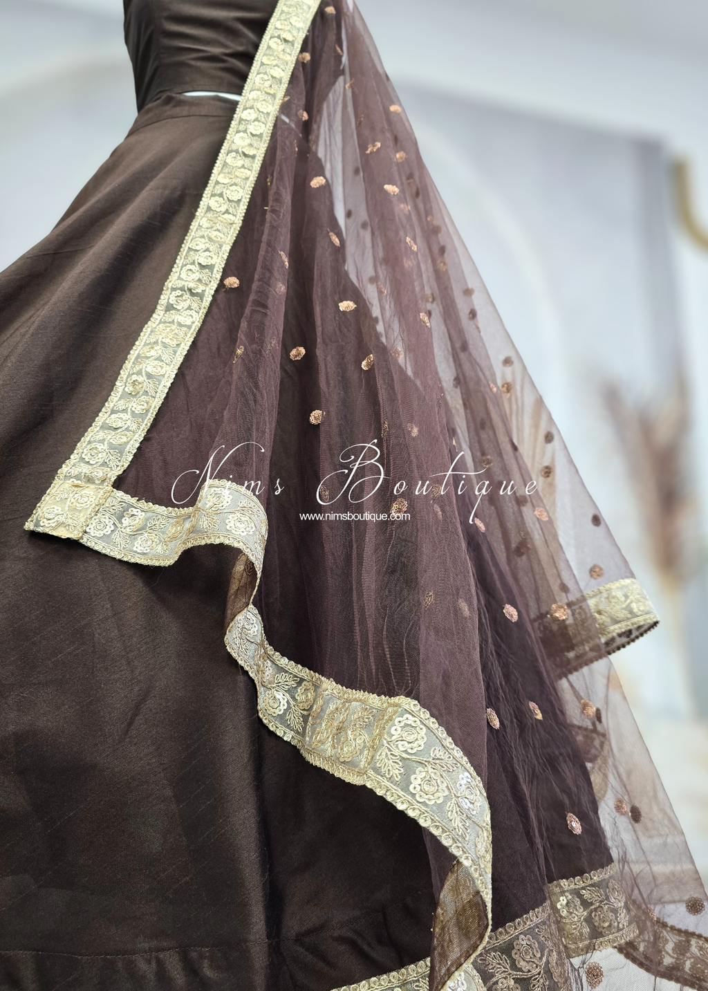 Saloni Mocha Brown Sequin Dupatta/Chunni