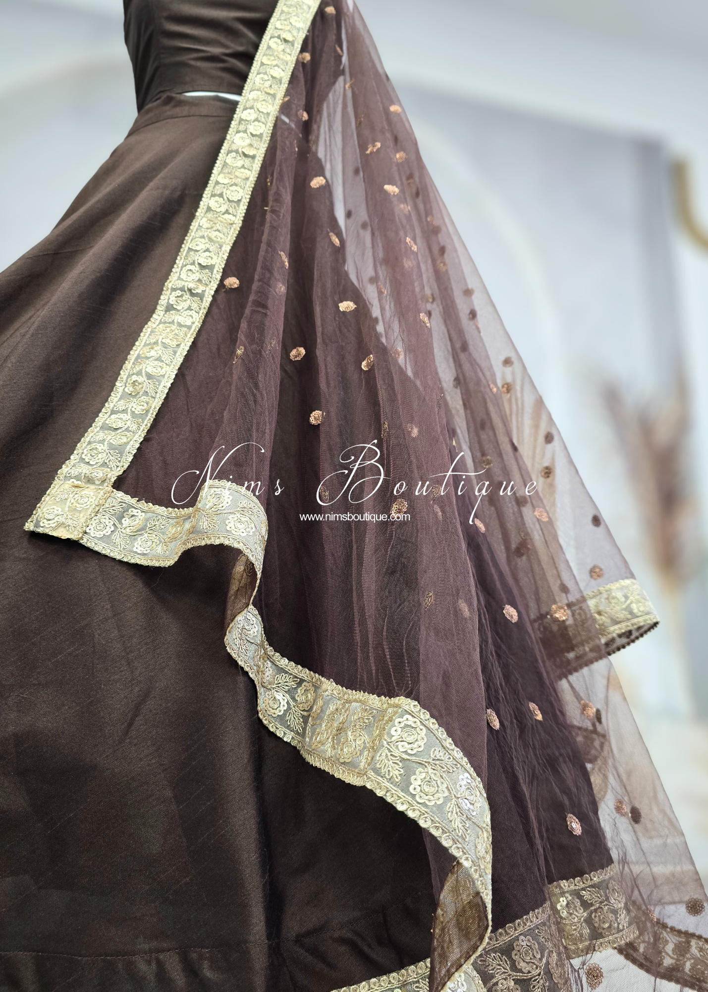 Saloni Mocha Brown Sequin Dupatta/Chunni