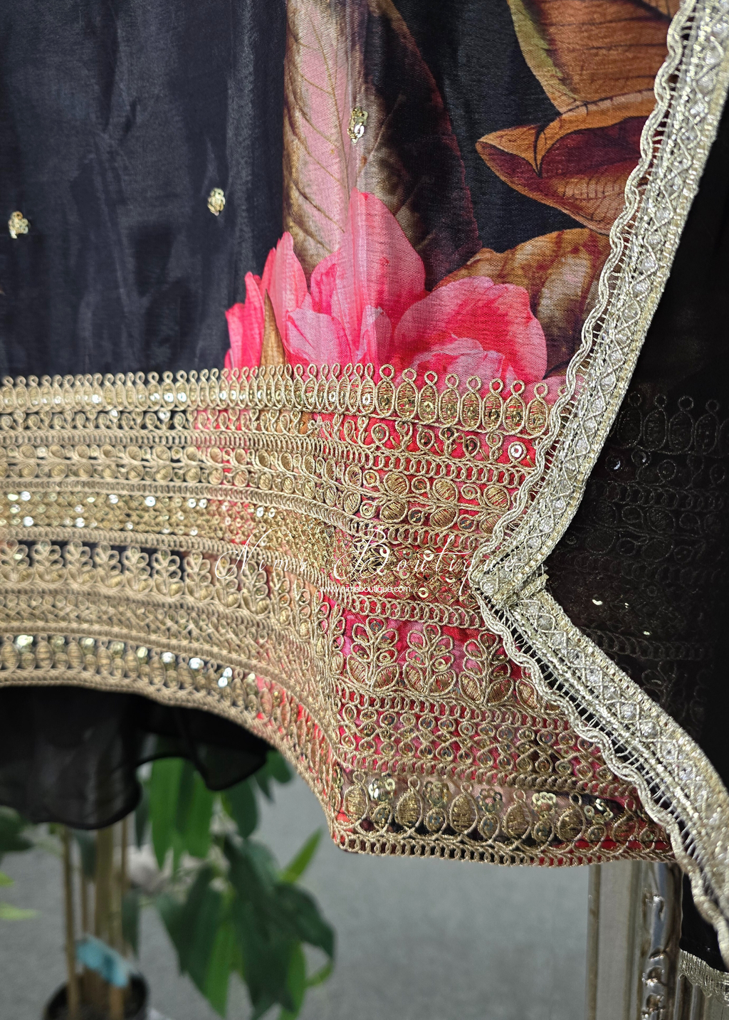 Black Floral Strap Embroidered Sharara Suit (size 14-16)