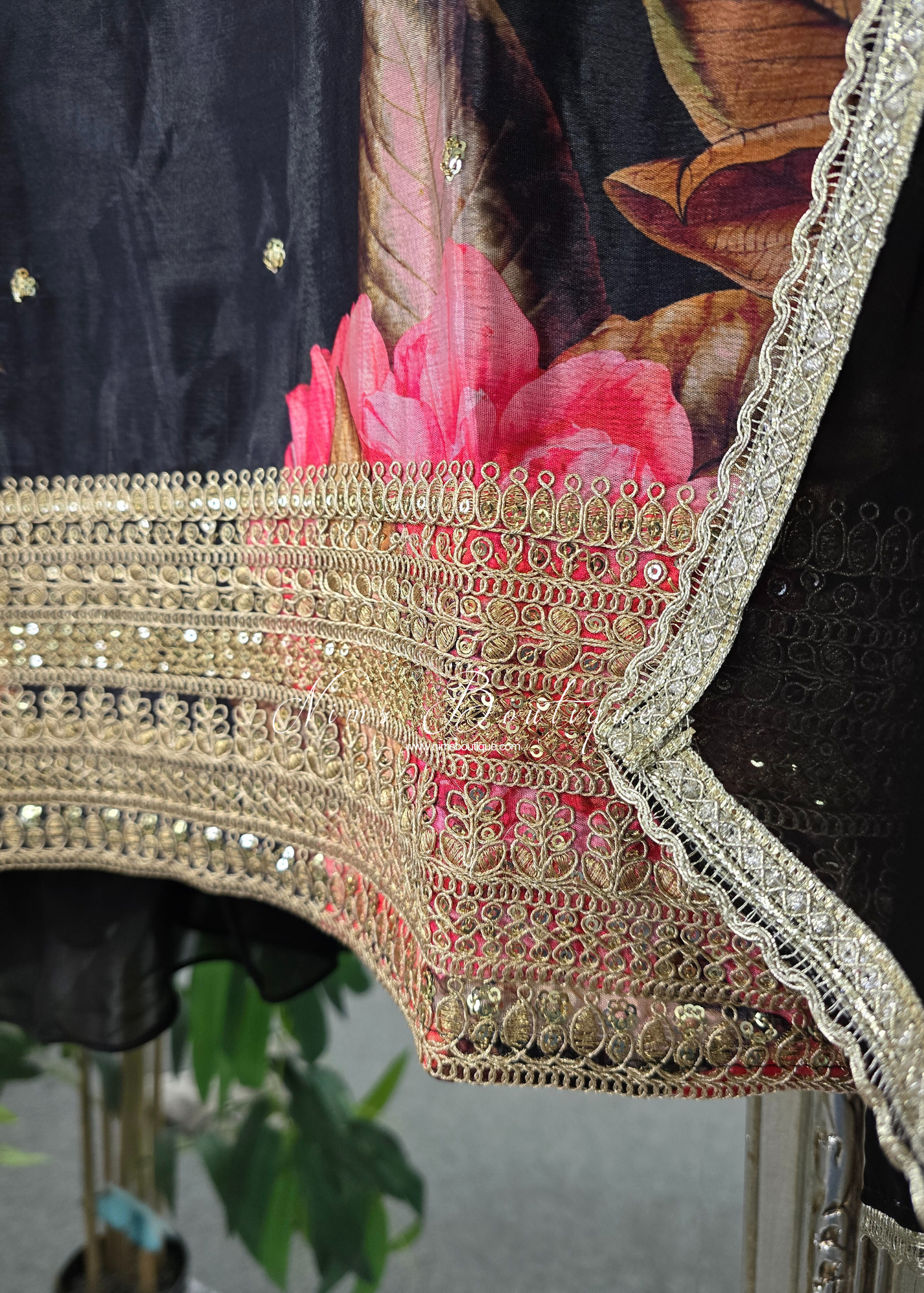 Black Floral Strap Embroidered Sharara Suit (size 14-16)