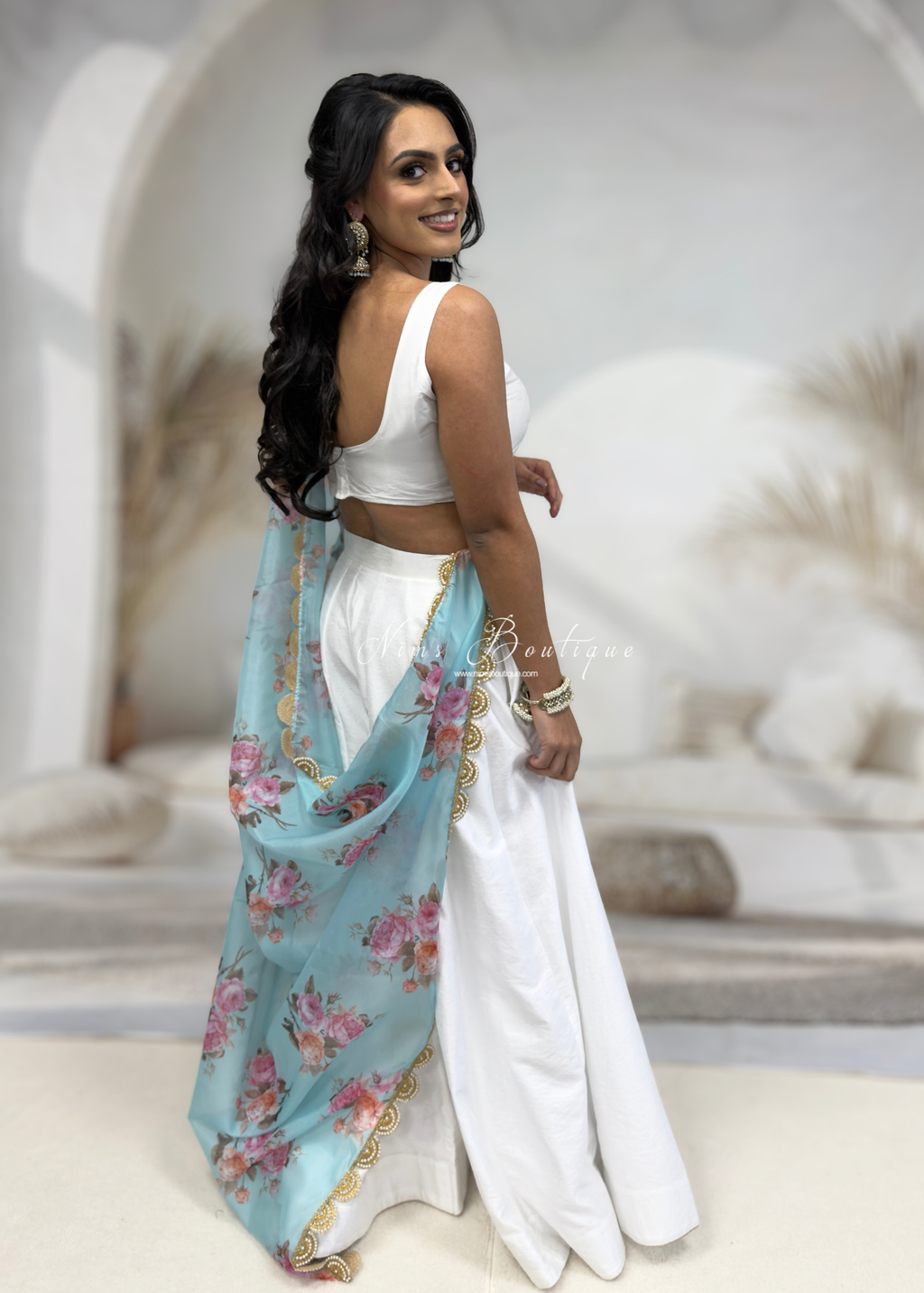 Luxury Blue Organza Floral Dupatta/Chunni with Pearl Edging