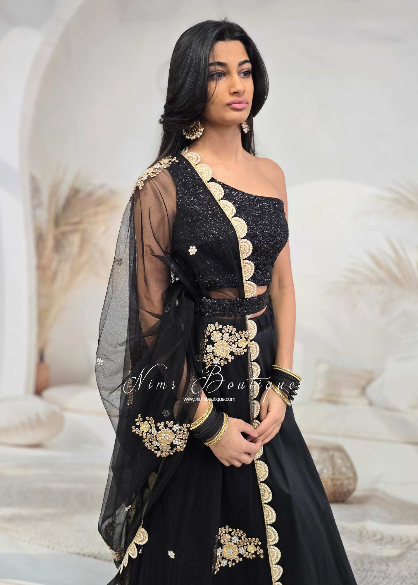 Black Net Pearl Embellished Dupatta/Chunni with Luxury Pearl Edging (NPE5)