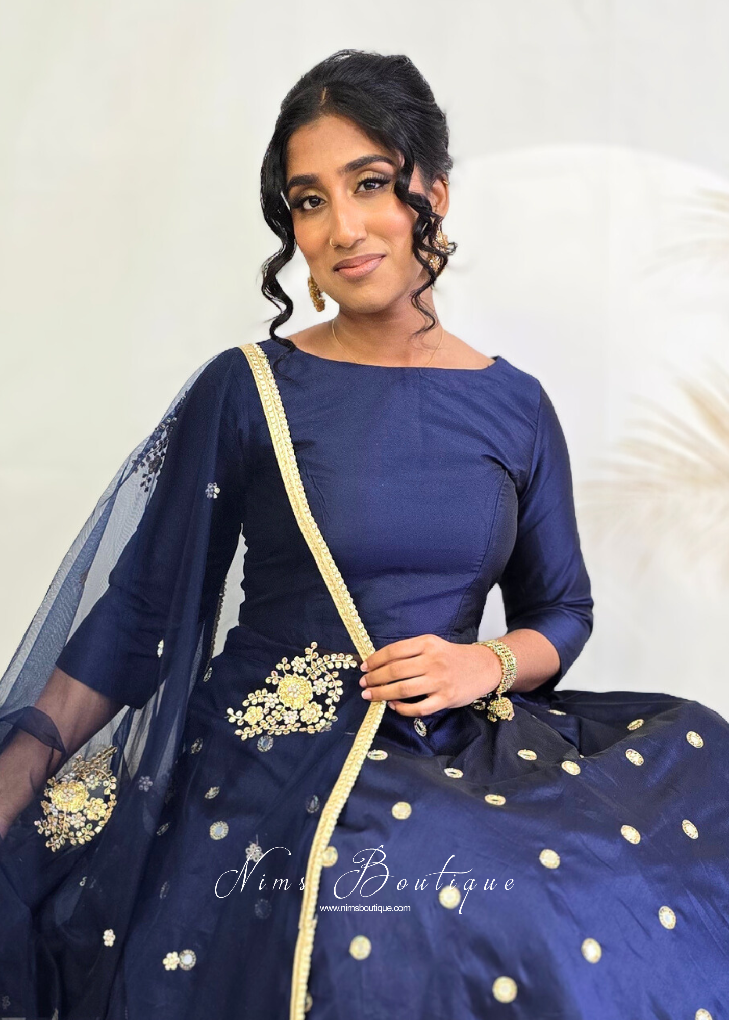 Navy Blue Silk High Neck Blouse with sleeves (size 4-26)