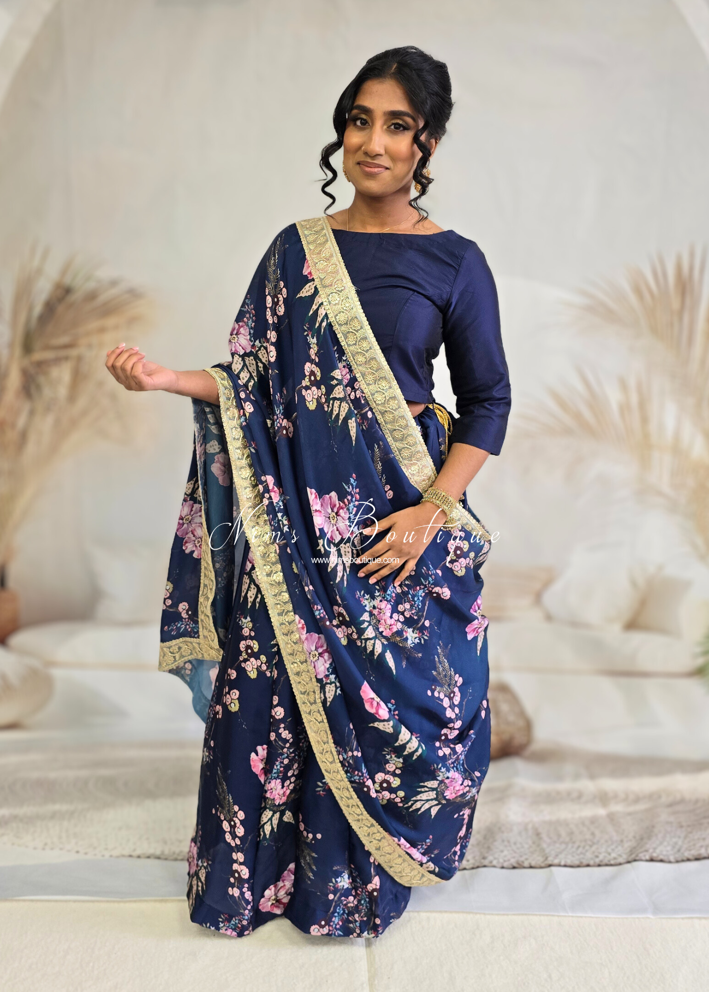 Sakura Navy Satin Print Dupatta/Chunni sequin edging