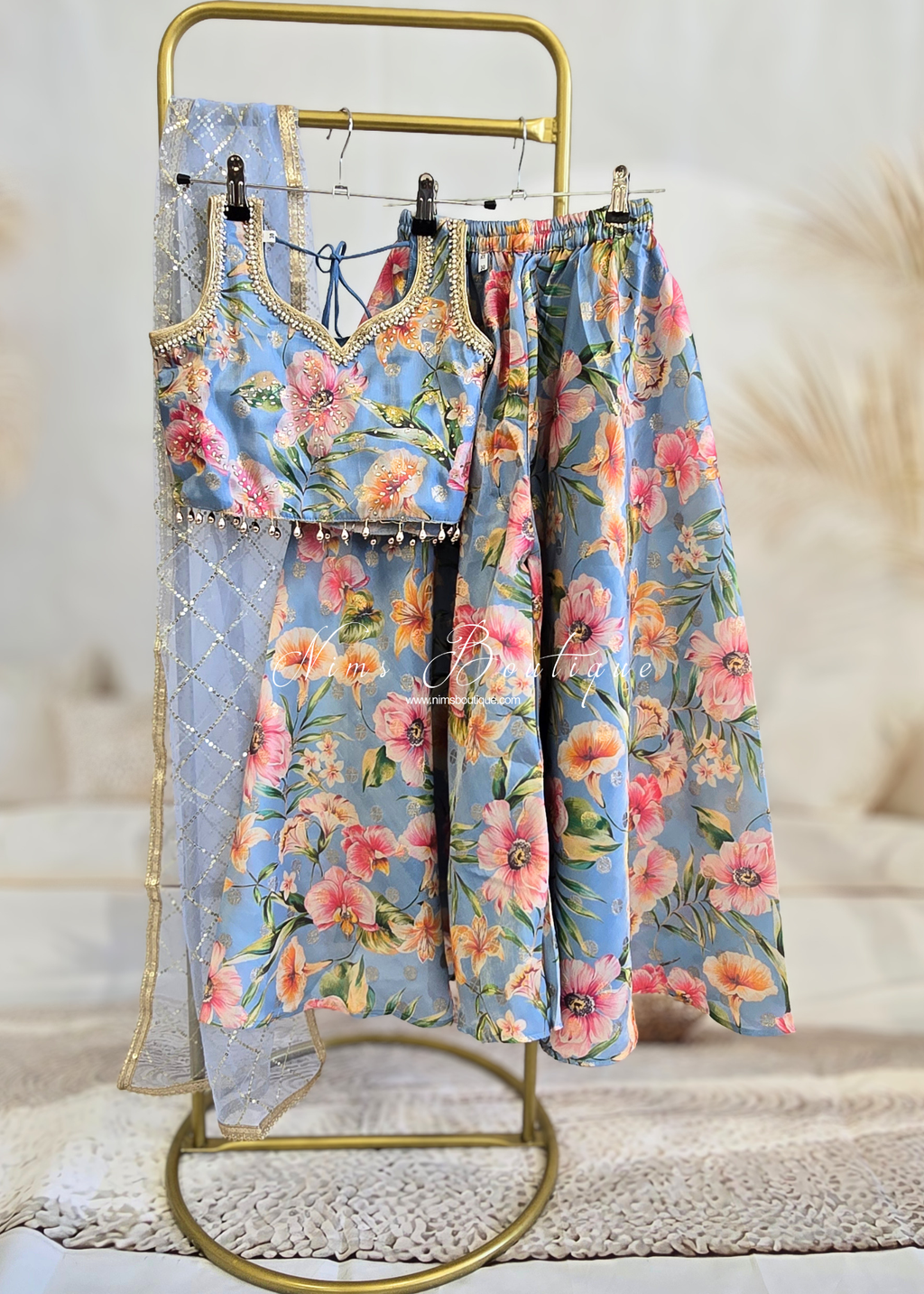 Blue Floral Kids Trouser Suit