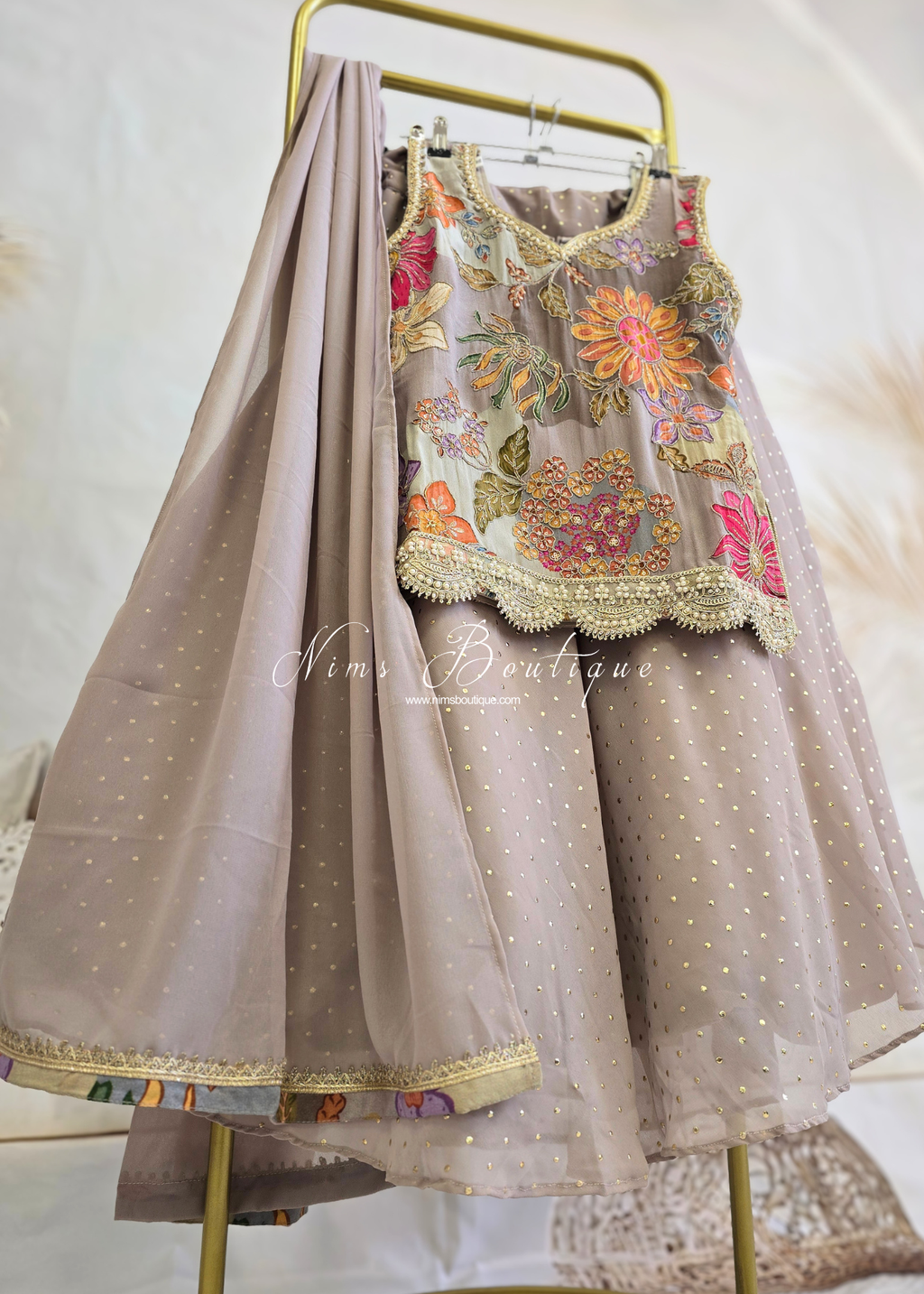 Beige/Grey Floral Kids Lehnga