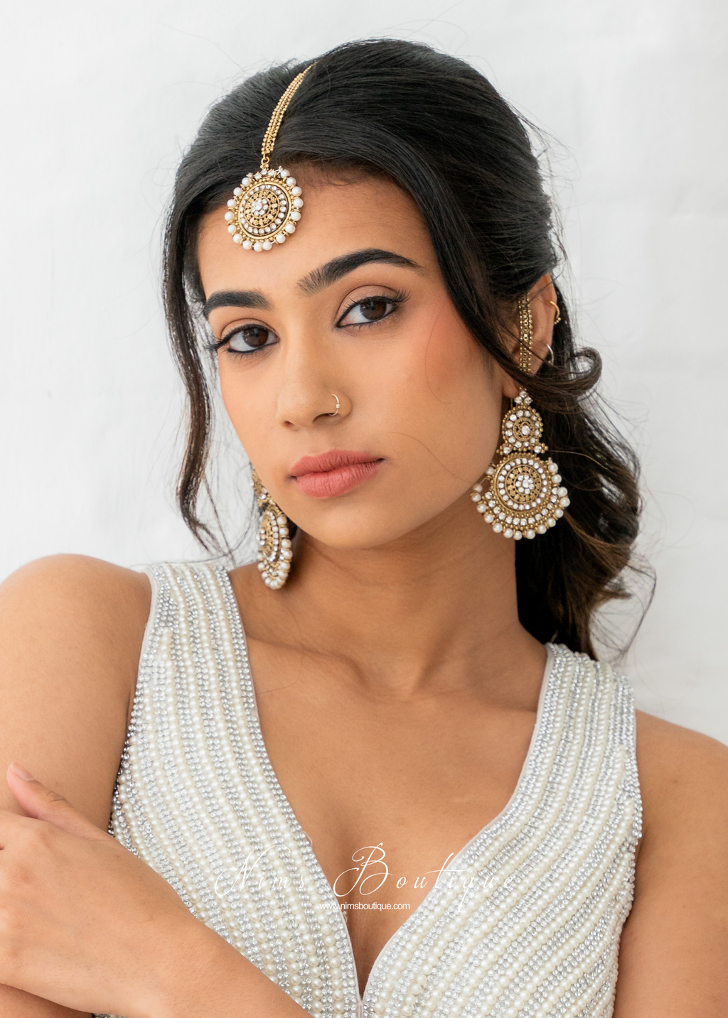 Royal Pearl Tikka Set (with earring chains)
