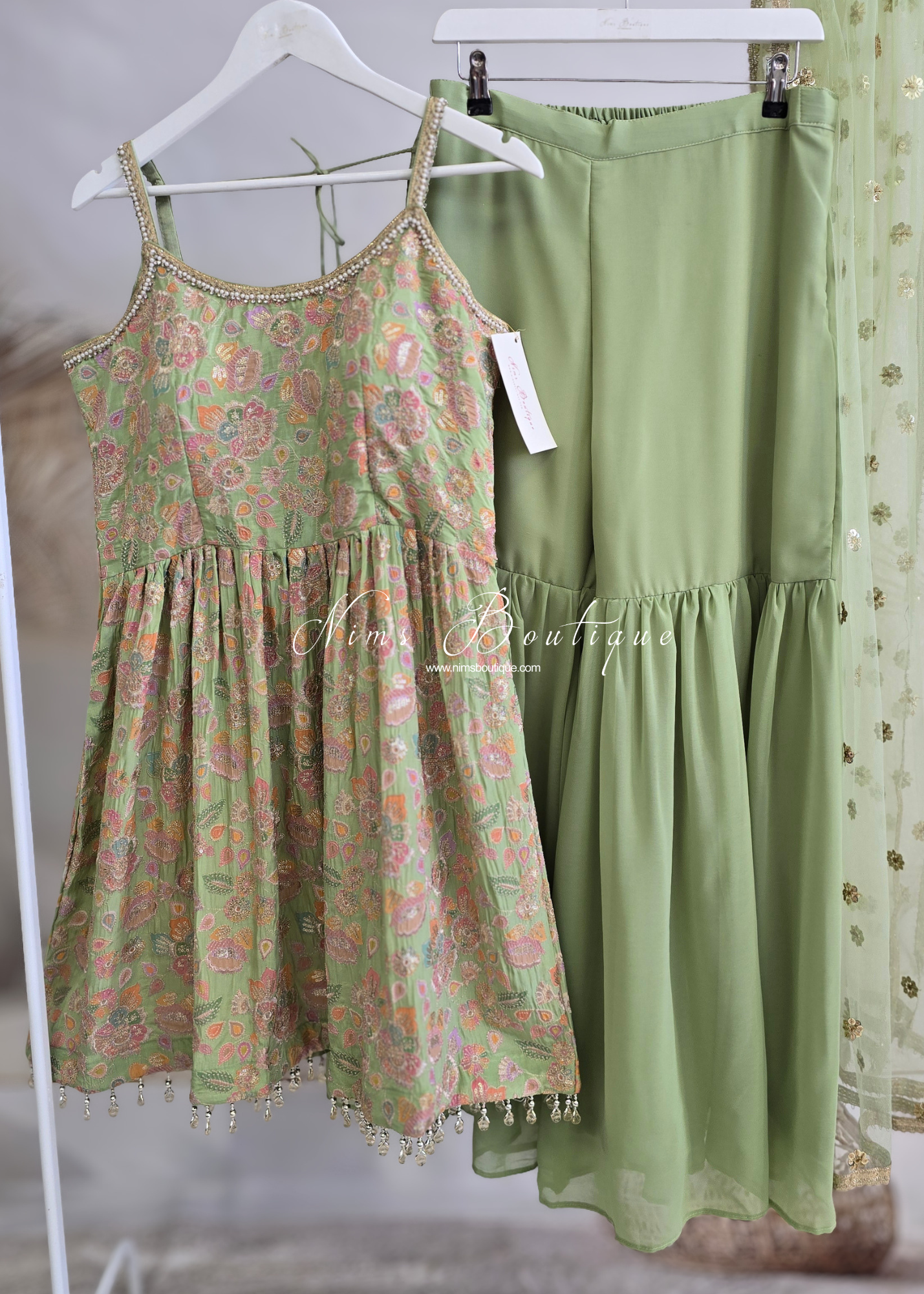 Lime Pastels Frock Thread Embroidered Gharara Suit (size 12)