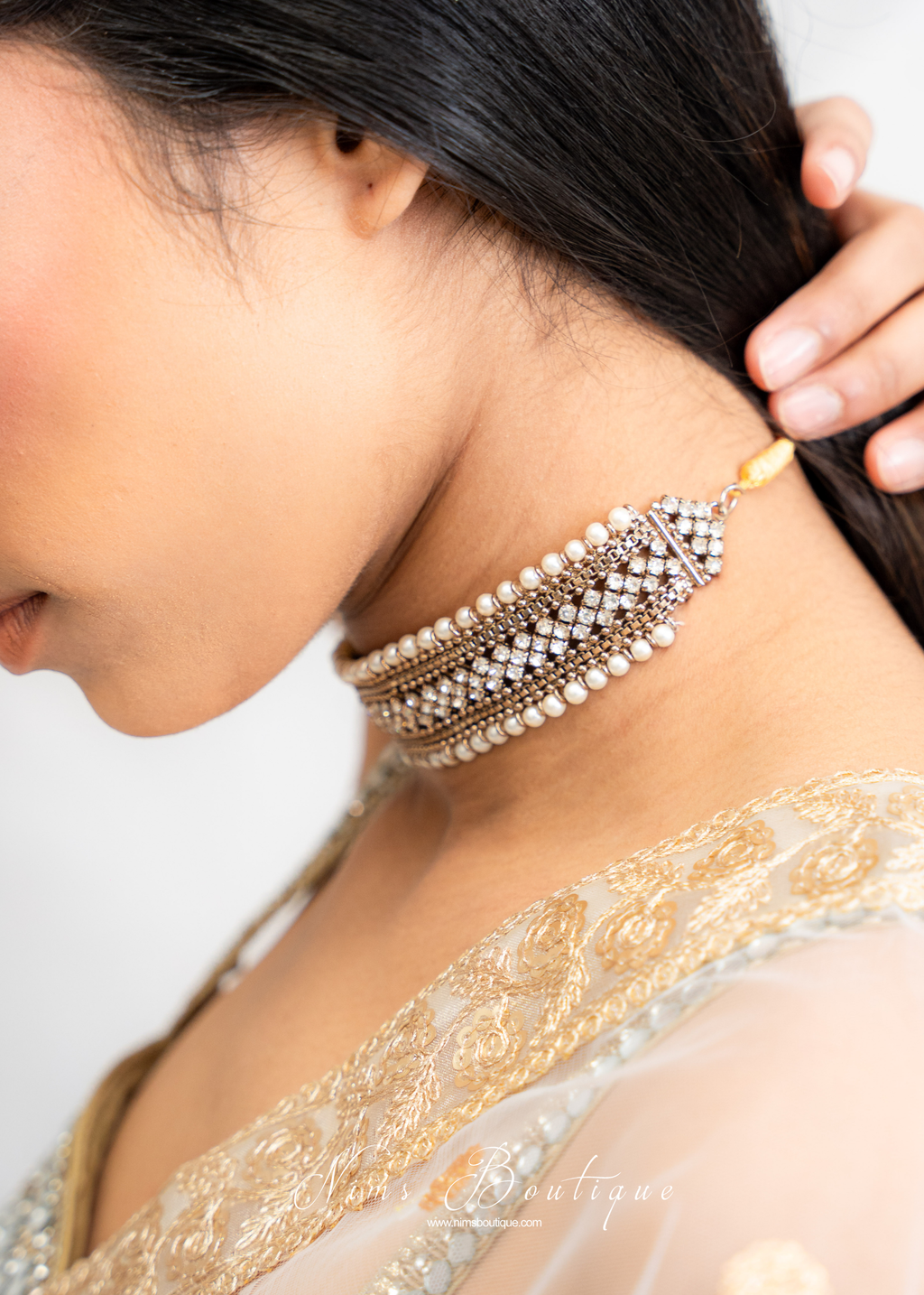 Celina Pearl & Antique Gold Choker with Clear Stone