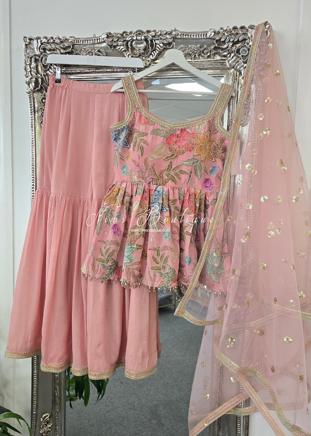 Peachy Pink Frock Thread Embroidered Gharara Suit (size 12-14)