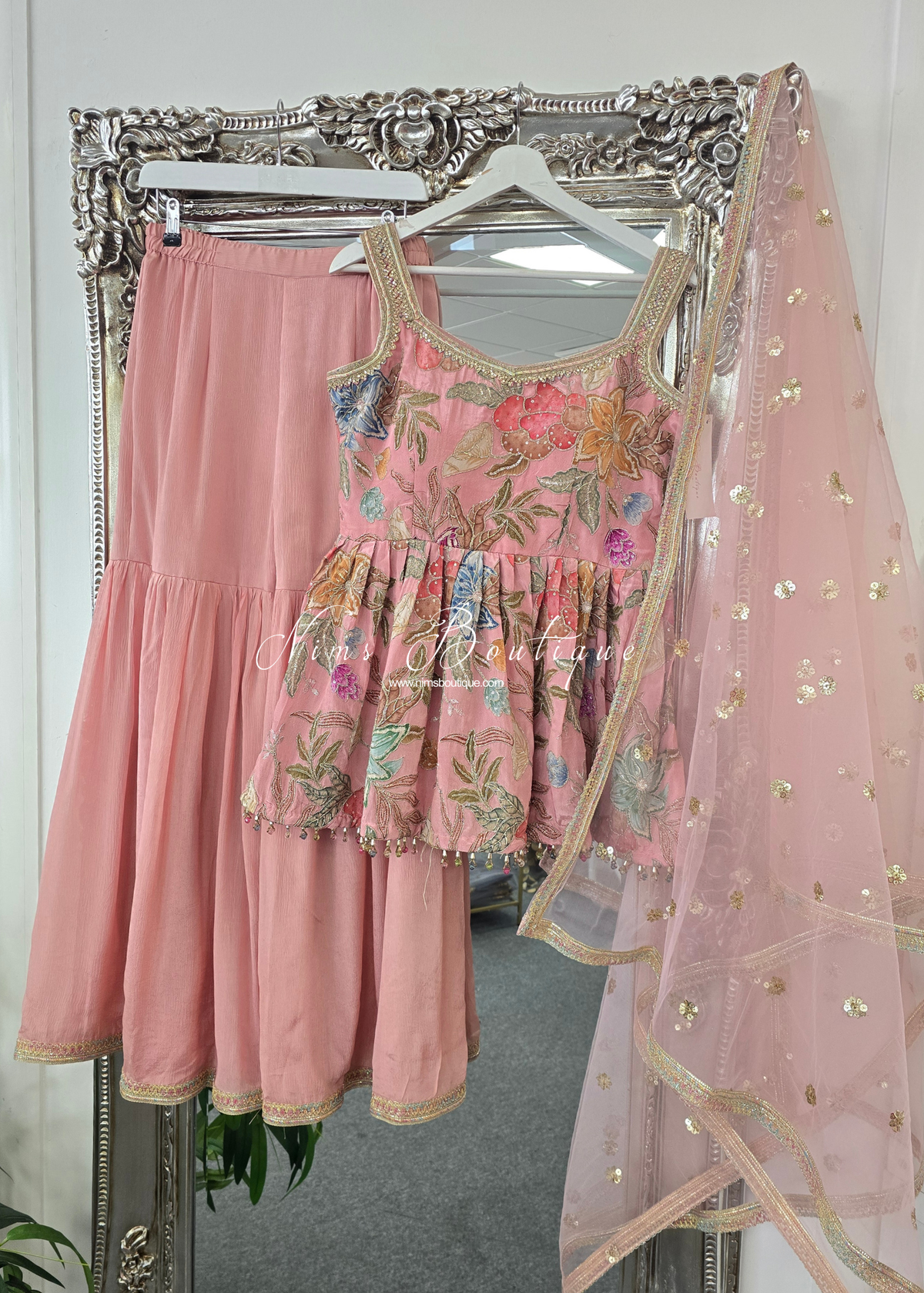 Peachy Pink Frock Thread Embroidered Gharara Suit (size 12-14)
