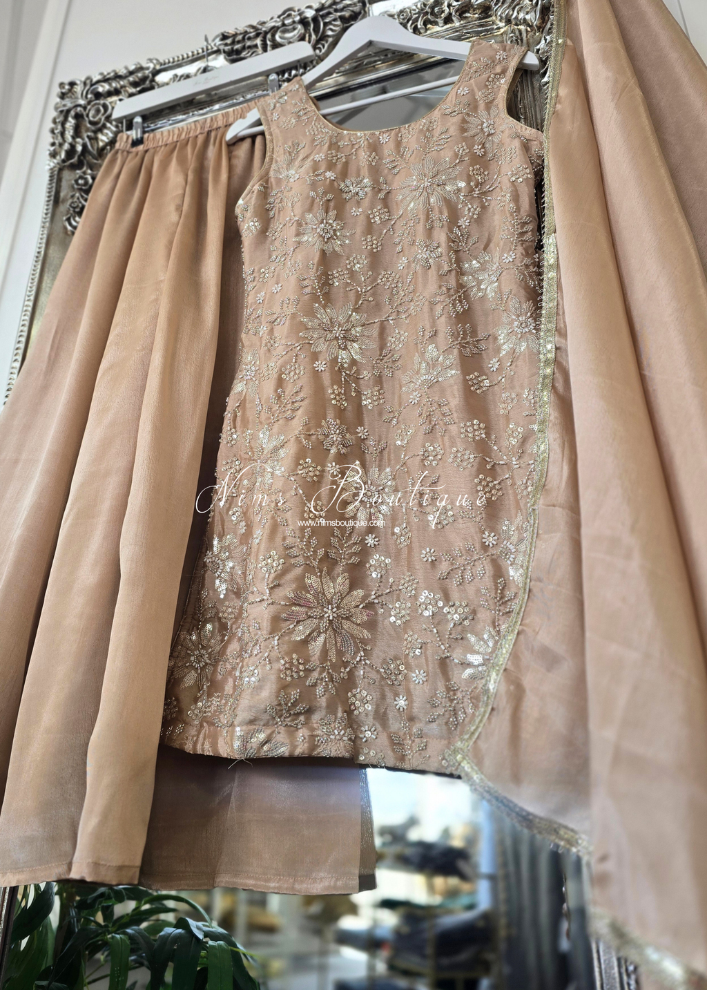 Light Gold Pearl Embellished Sharara Suit (10-12)