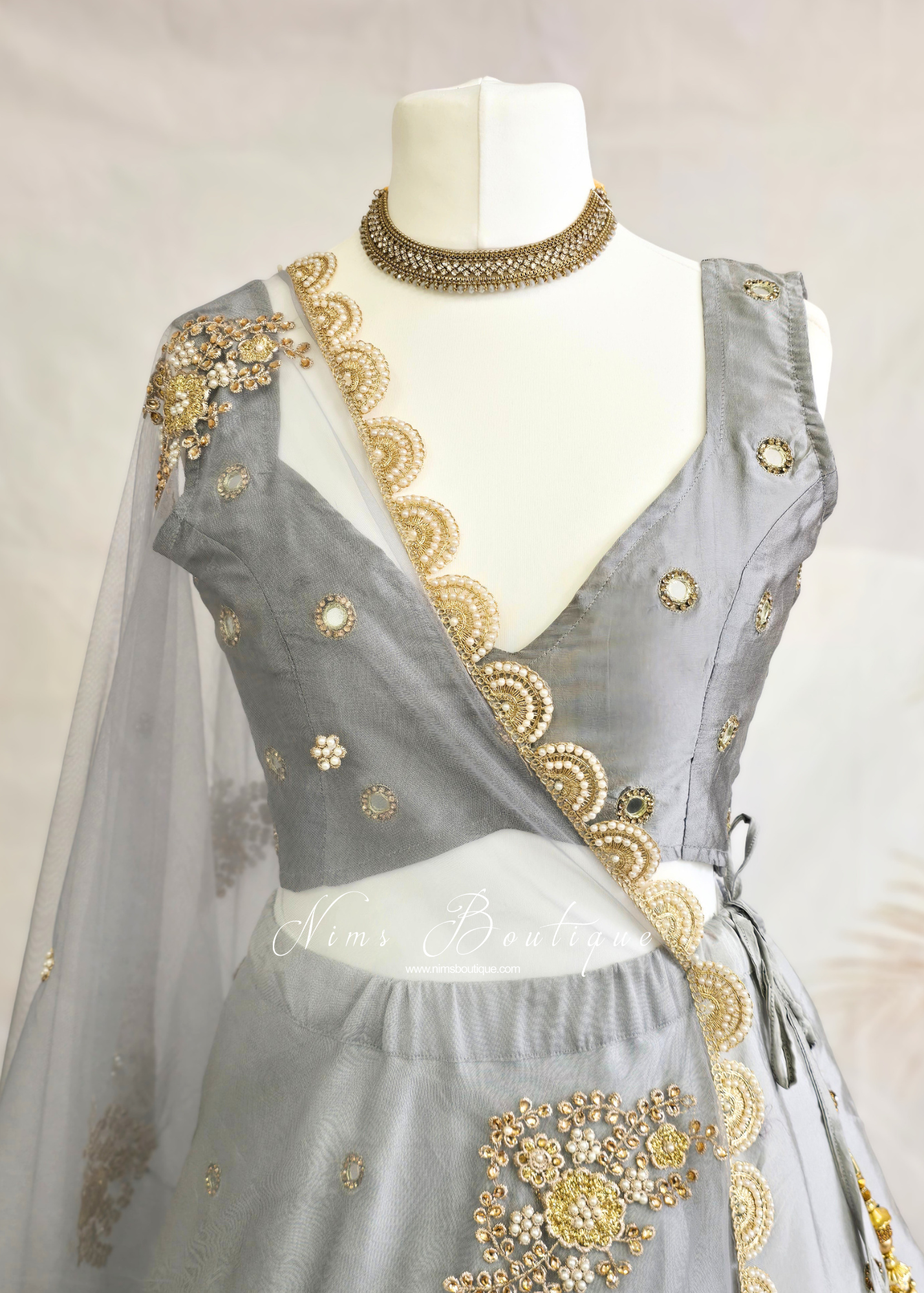 Pastel Grey Net Pearl Embellished Dupatta/Chunni with Luxury Pearl Edging (NPE4)