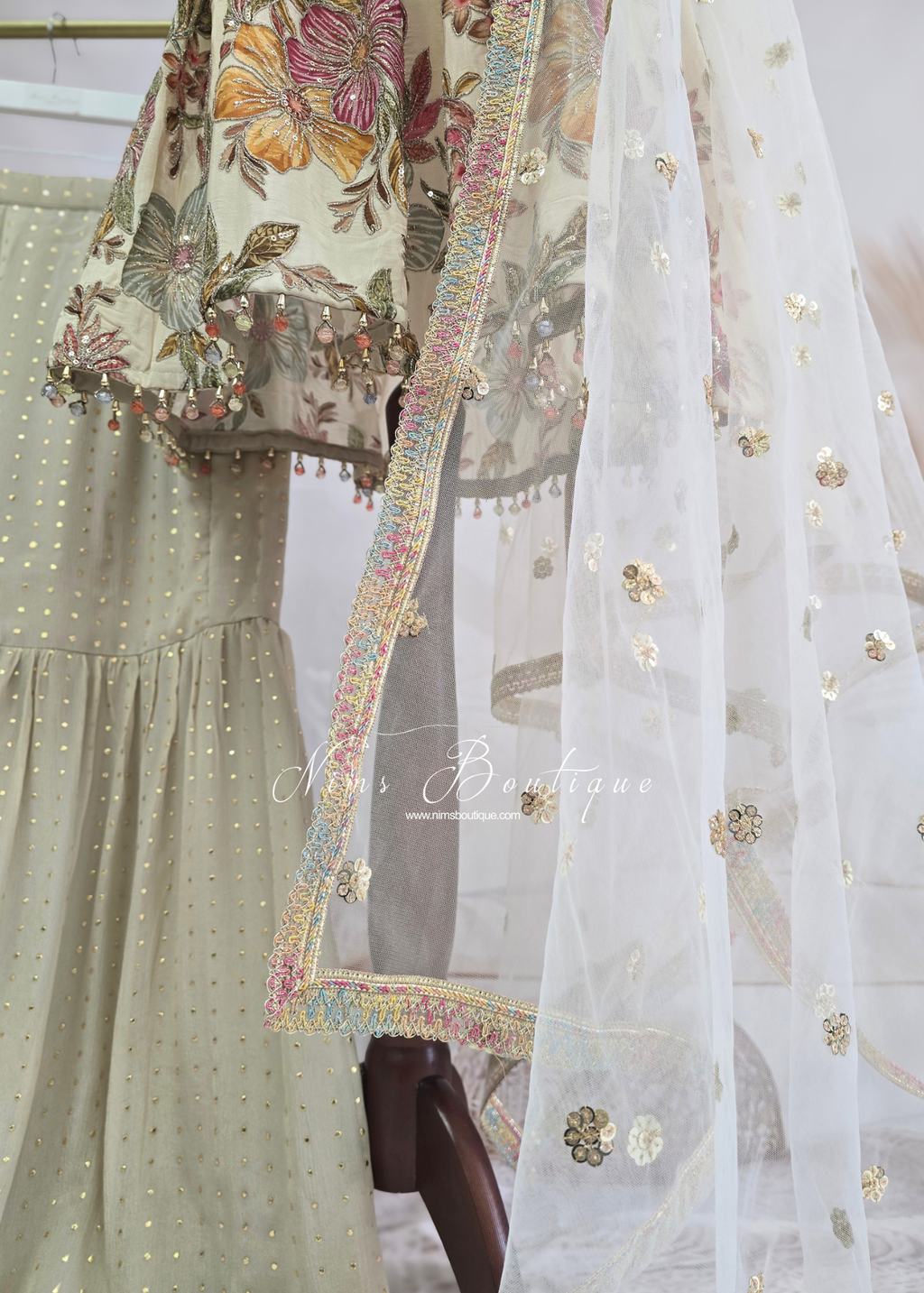 Cream Frock Thread Embroidered Gharara Suit (size 12-14)