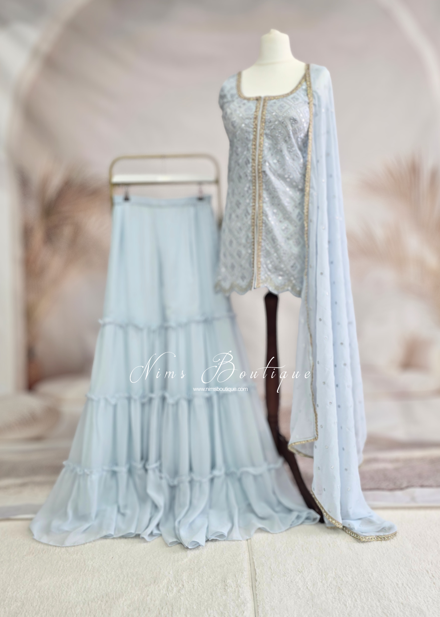 Light Blue Thread Embroidered Gharara Suit (size 12)