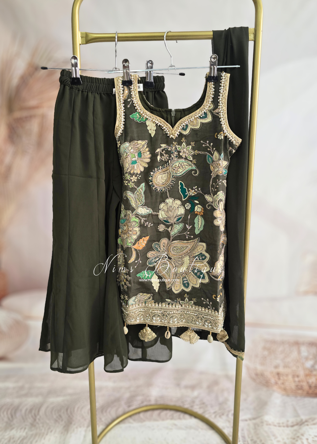Kids Dark Green Floral Sharara Suit