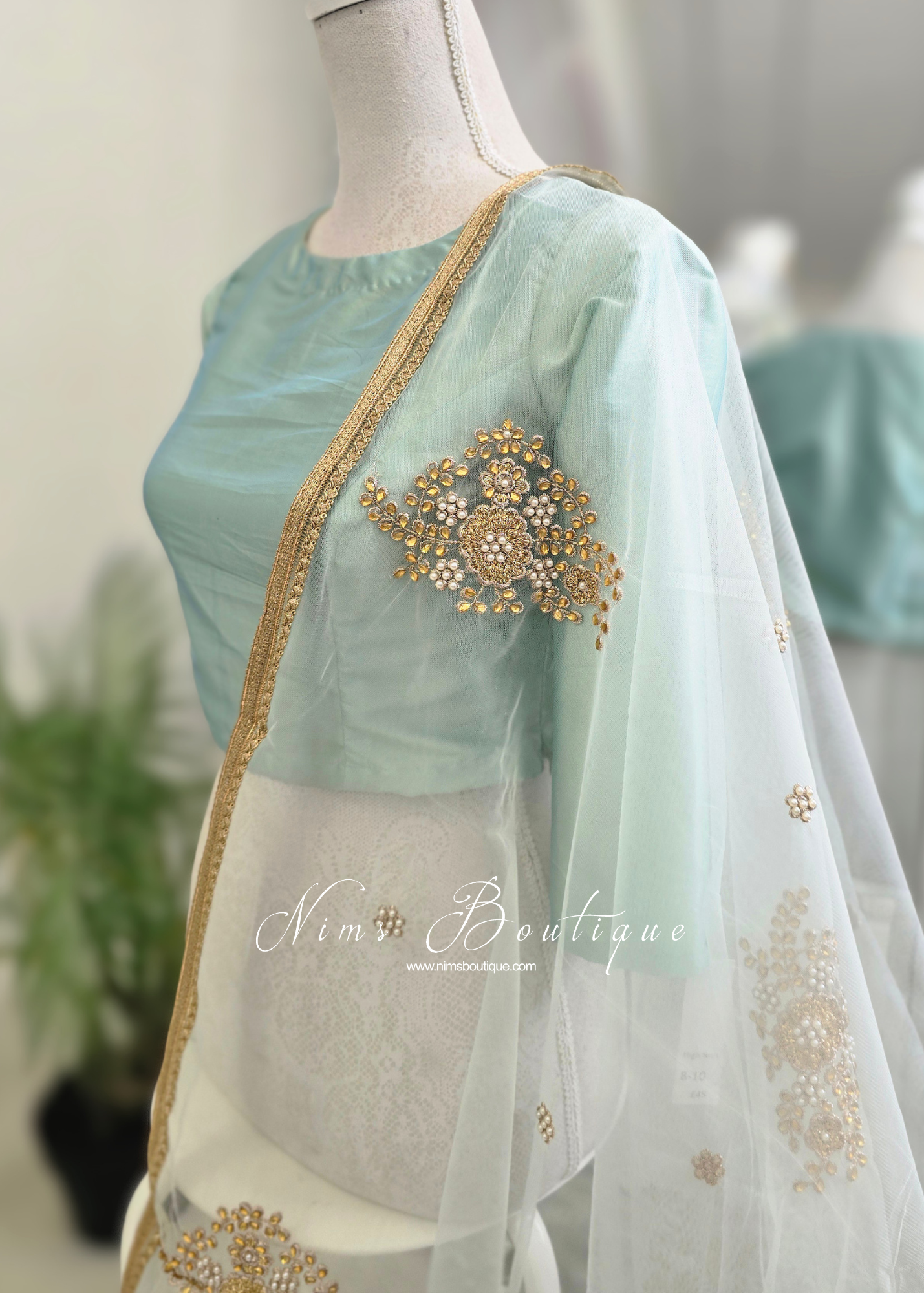 Light Mint Net Pearl Embellished Dupatta/Chunni with Gold Edging