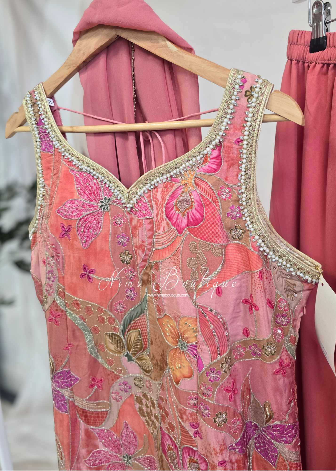 Coral Peach Floral Thread Embroidered Sharara Suit (size 14-16)