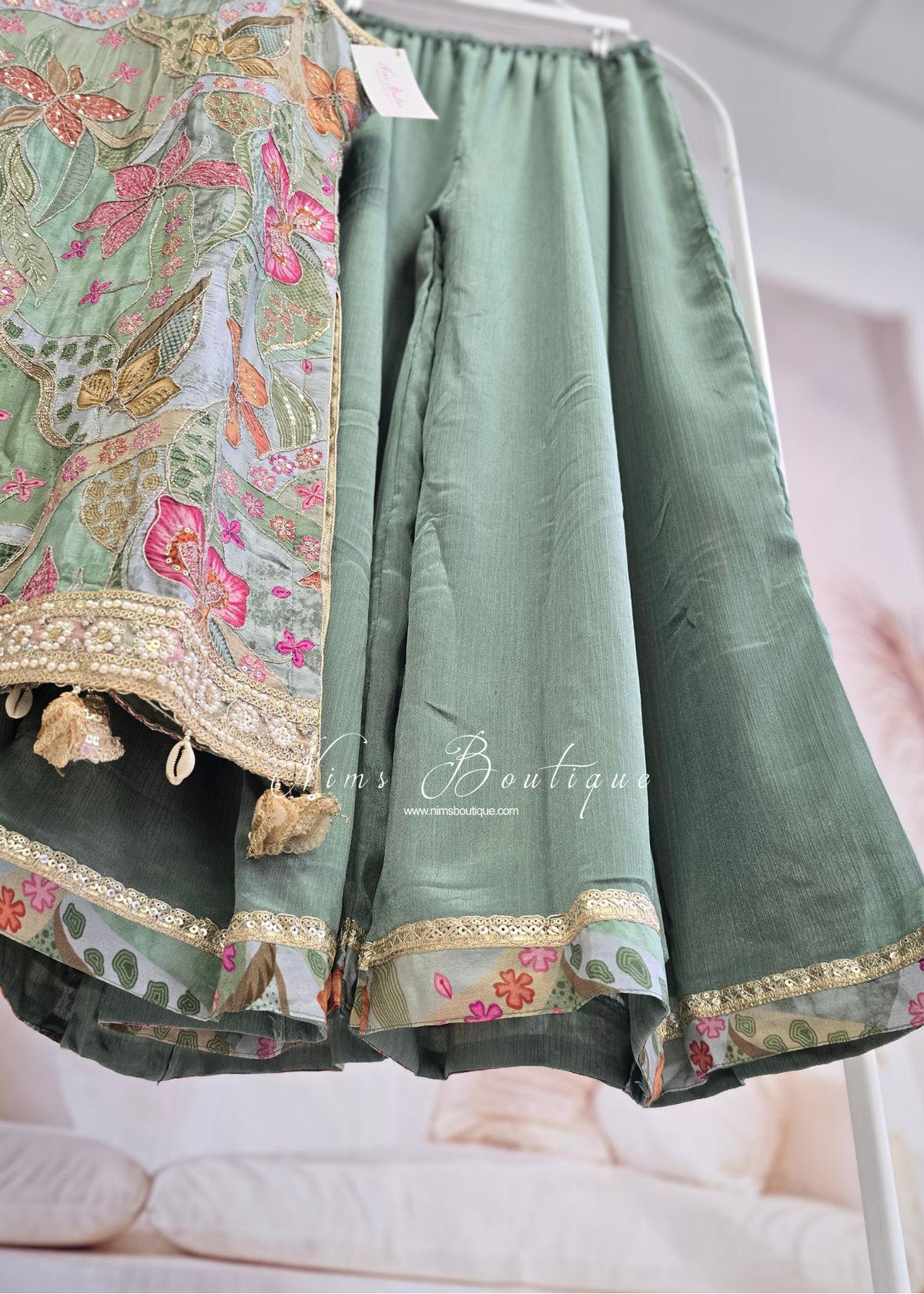 Deep Sage Floral Thread Embroidered Sharara Suit (size 14-16)
