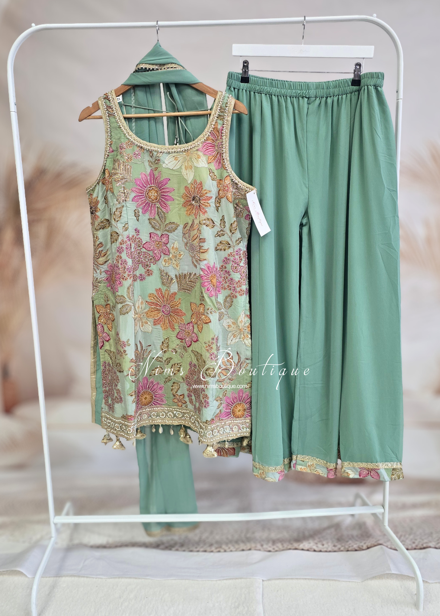 Dusky Mint Floral Thread Embroidered Sharara Suit (size 18-20)