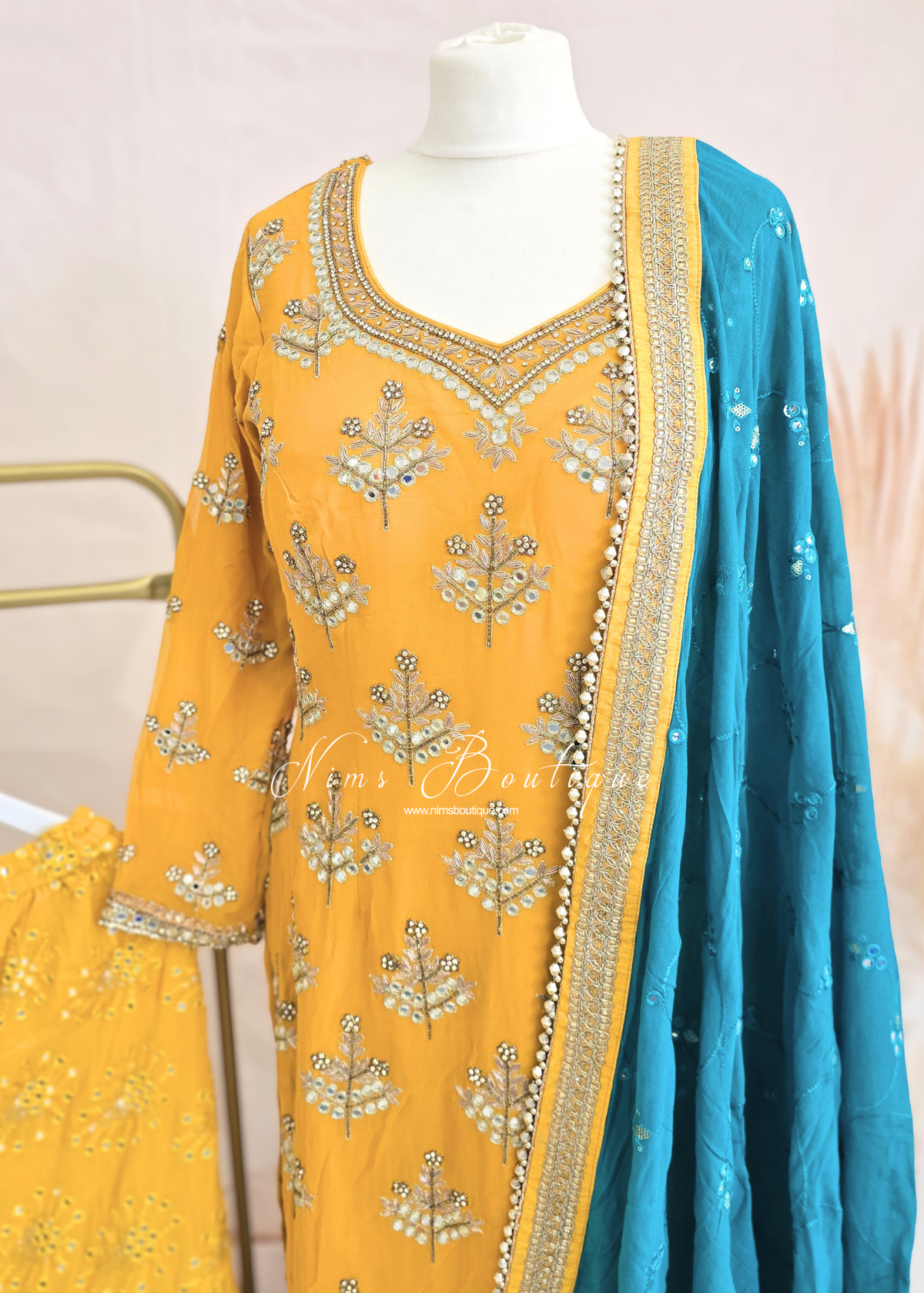 Mustard and Teal Gharara Suit (size 12-14)