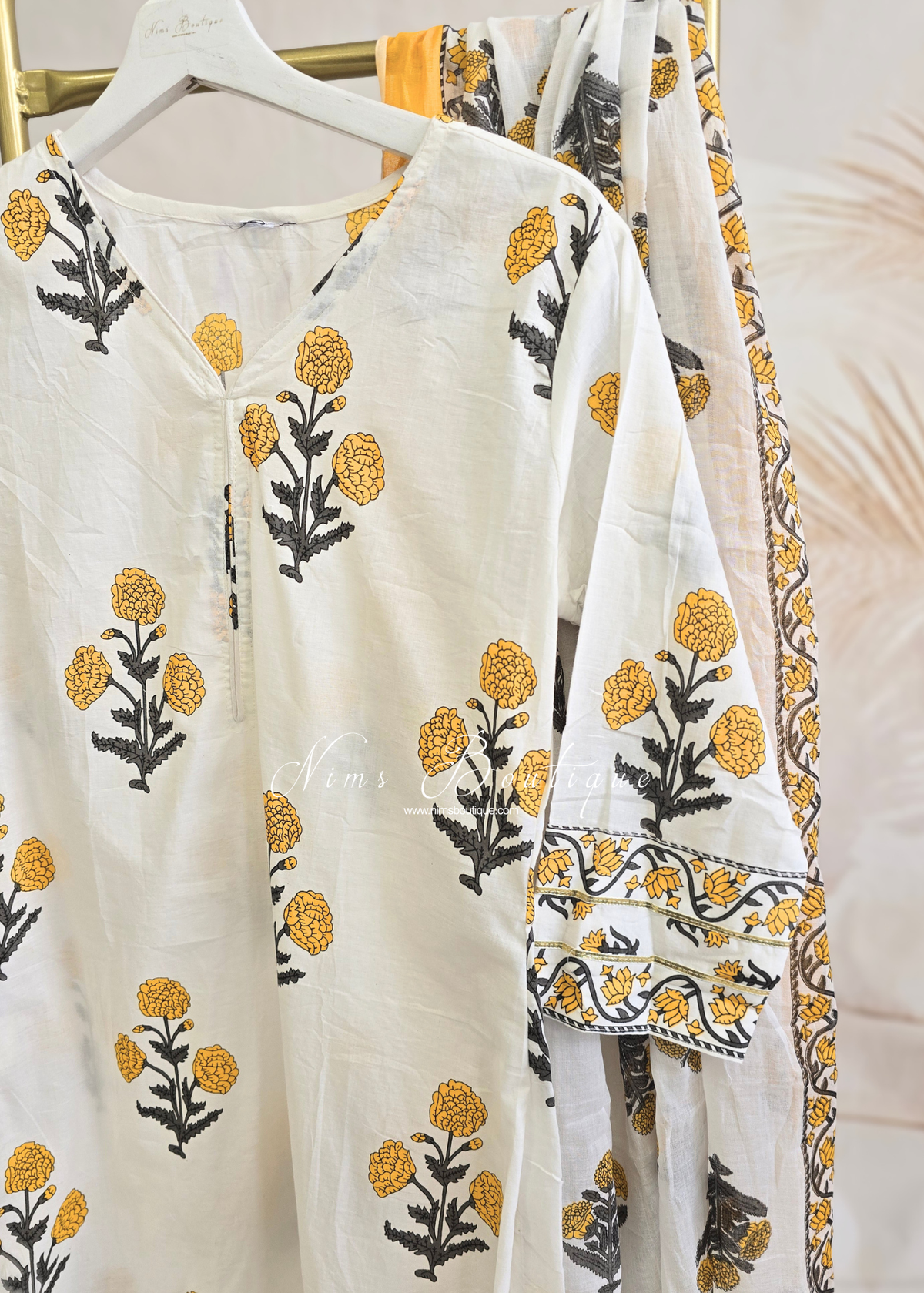 White Yellow Cottom Printed Floral Gharara Suit (size 14-18)