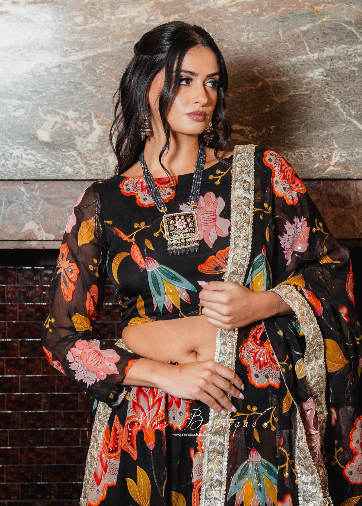 Evelina Black & Orange Floral Long Sleeve Blouse (sizes 6-24)