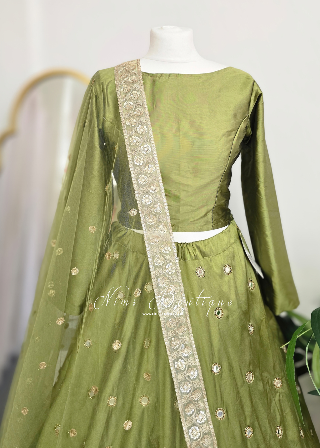 Mehndi Green Silk High Neck Blouse with sleeves (8-20)