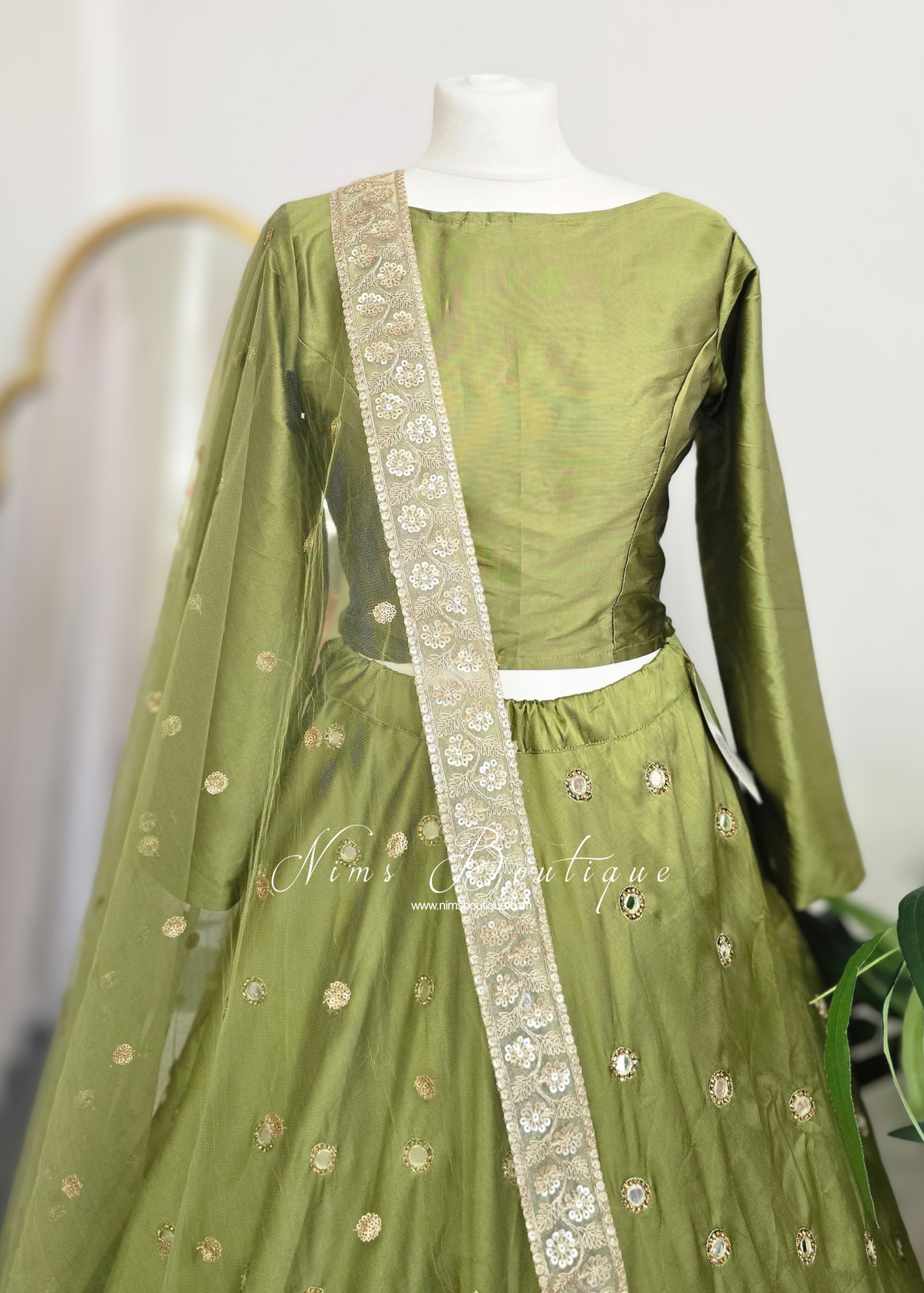 Mehndi Green Silk High Neck Blouse with sleeves (8-20)