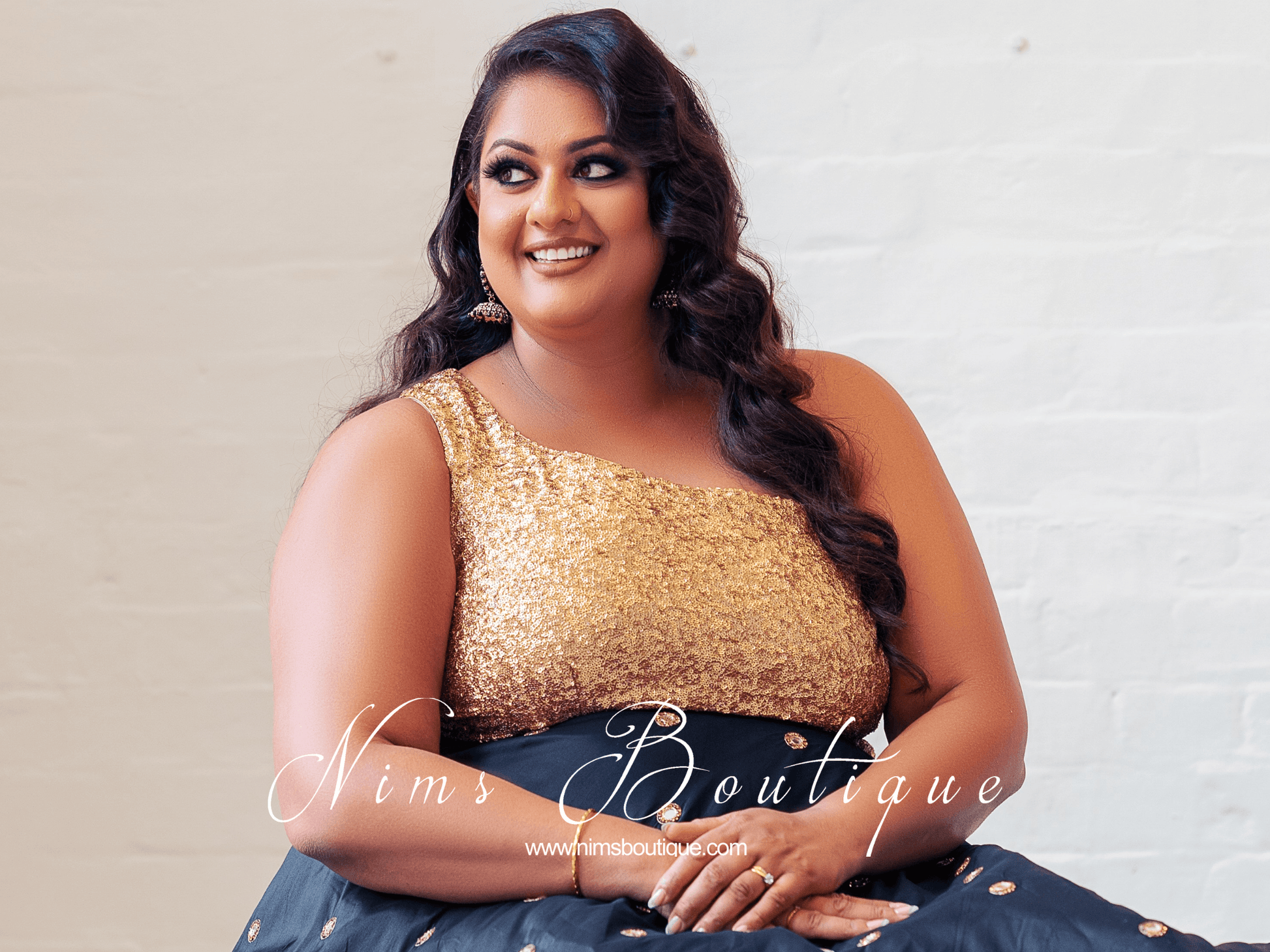 Nims Boutique Luxury One Shoulder Rose Gold Sequin Blouse 4-22