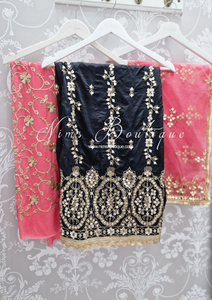 Luxury Unstitched Black and Coral Pure Silk Suit