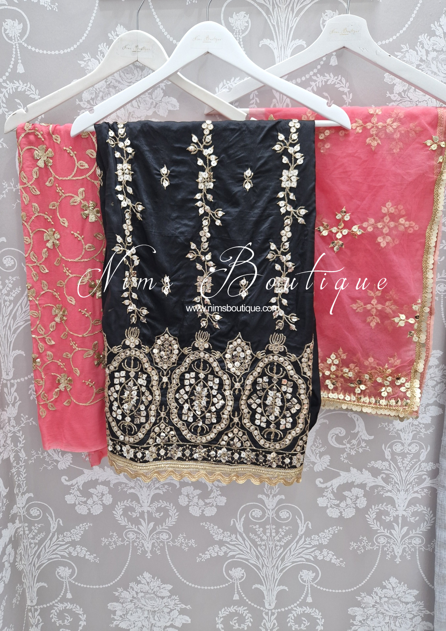 Luxury Unstitched Black and Coral Pure Silk Suit