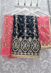 Luxury Unstitched Black and Coral Pure Silk Suit