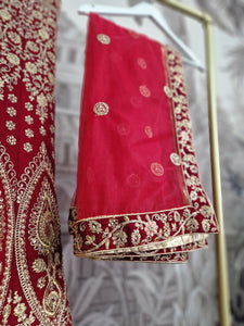 Semi Stitched Dark Red Velvet & Peach Bridal Lehnga
