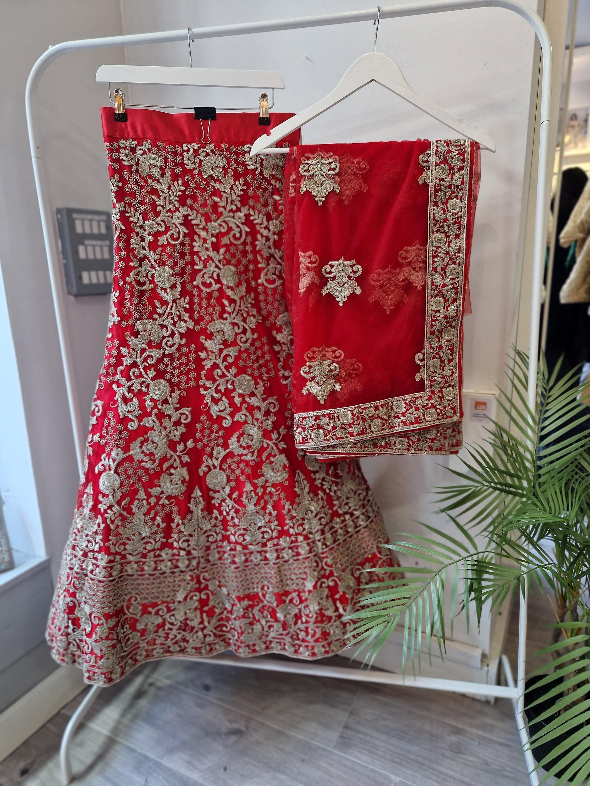 Nims Boutique Luxury Semi Stitched Red Bridal Embroidered Lehnga