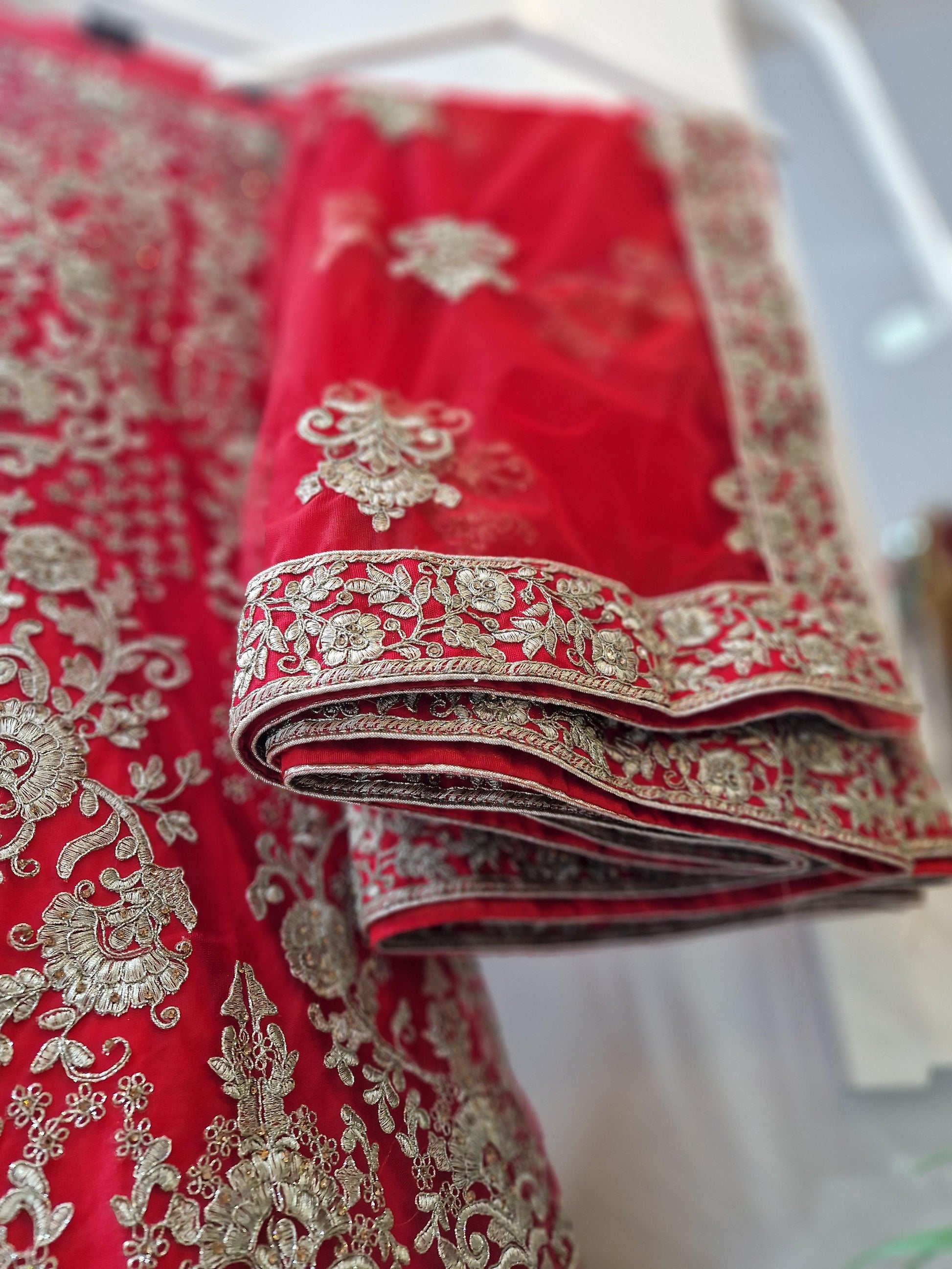 Nims Boutique Luxury Semi Stitched Red Bridal Embroidered Lehnga