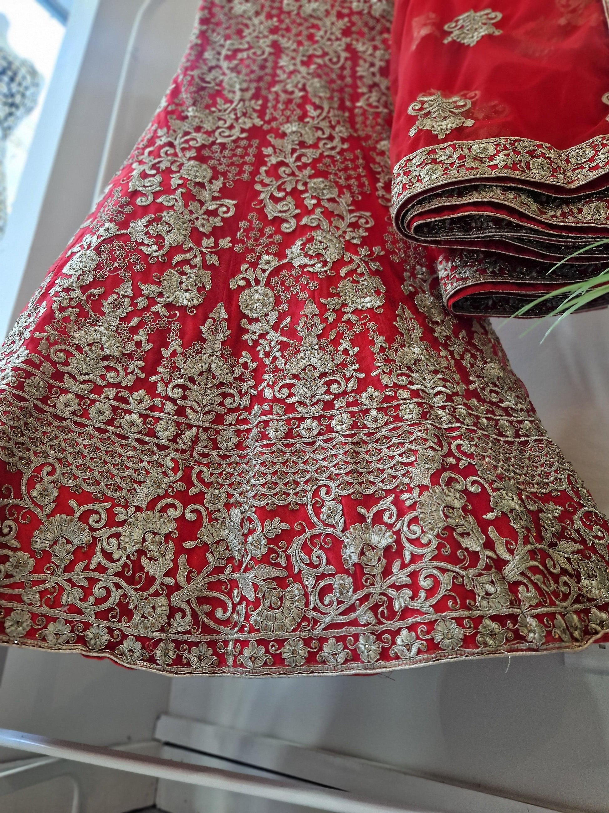 Nims Boutique Luxury Semi Stitched Red Bridal Embroidered Lehnga