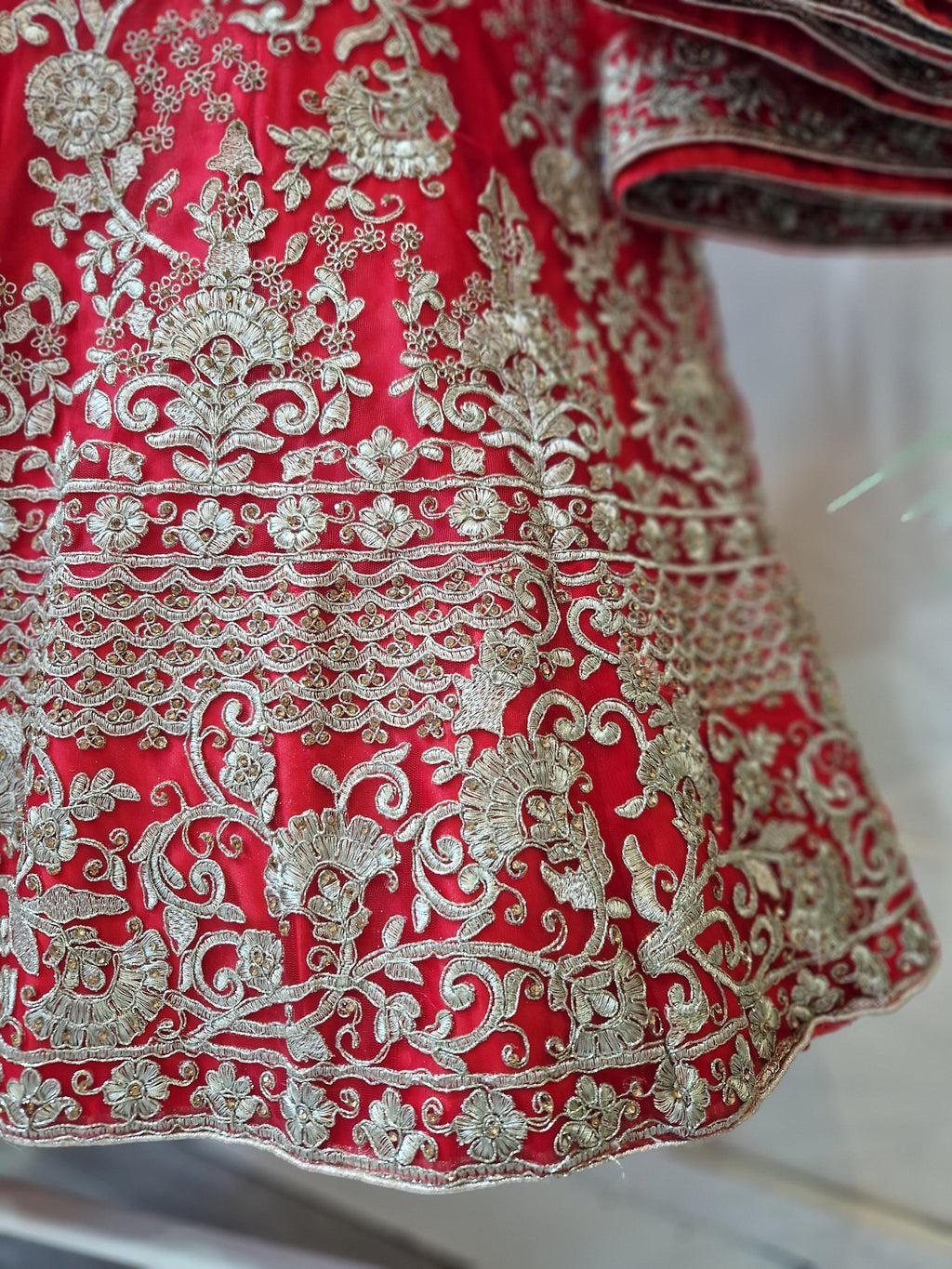 Nims Boutique Luxury Semi Stitched Red Bridal Embroidered Lehnga