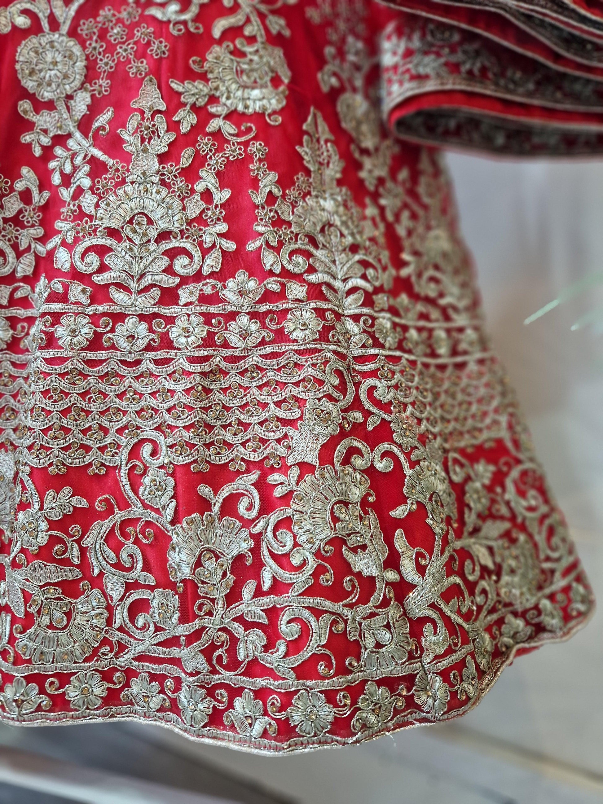 Nims Boutique Luxury Semi Stitched Red Bridal Embroidered Lehnga