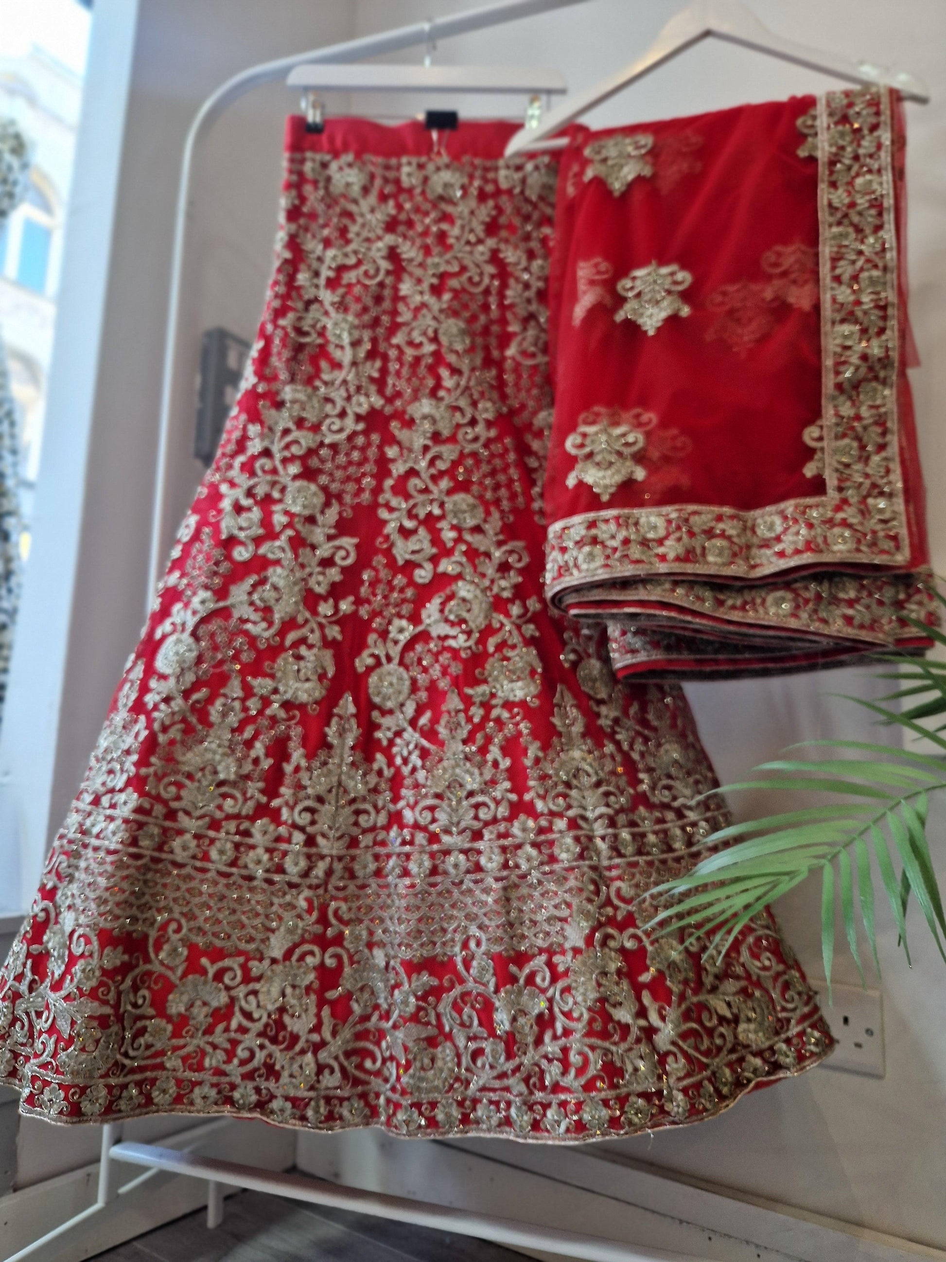Nims Boutique Luxury Semi Stitched Red Bridal Embroidered Lehnga