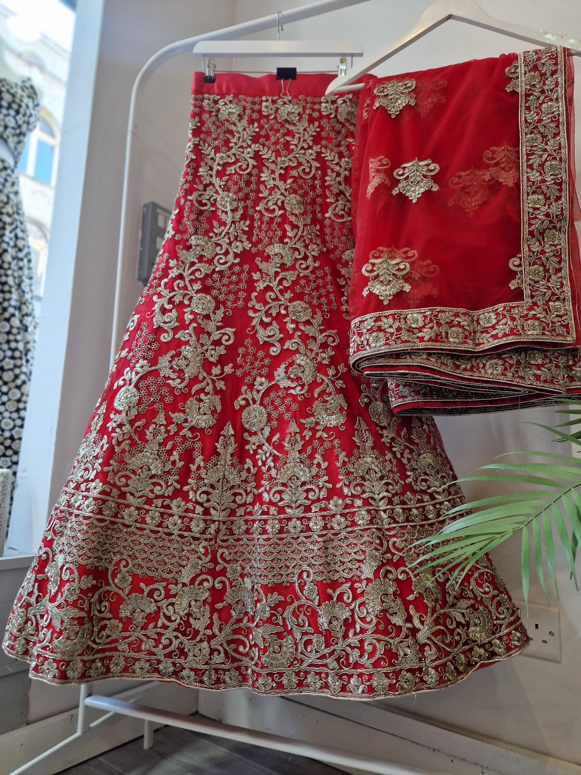 Nims Boutique Luxury Semi Stitched Red Bridal Embroidered Lehnga