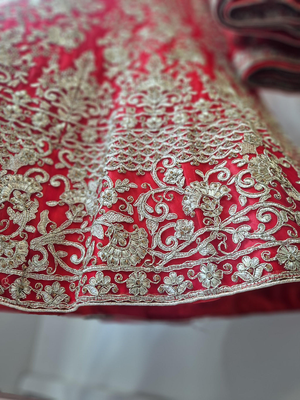 Nims Boutique Luxury Semi Stitched Red Bridal Embroidered Lehnga