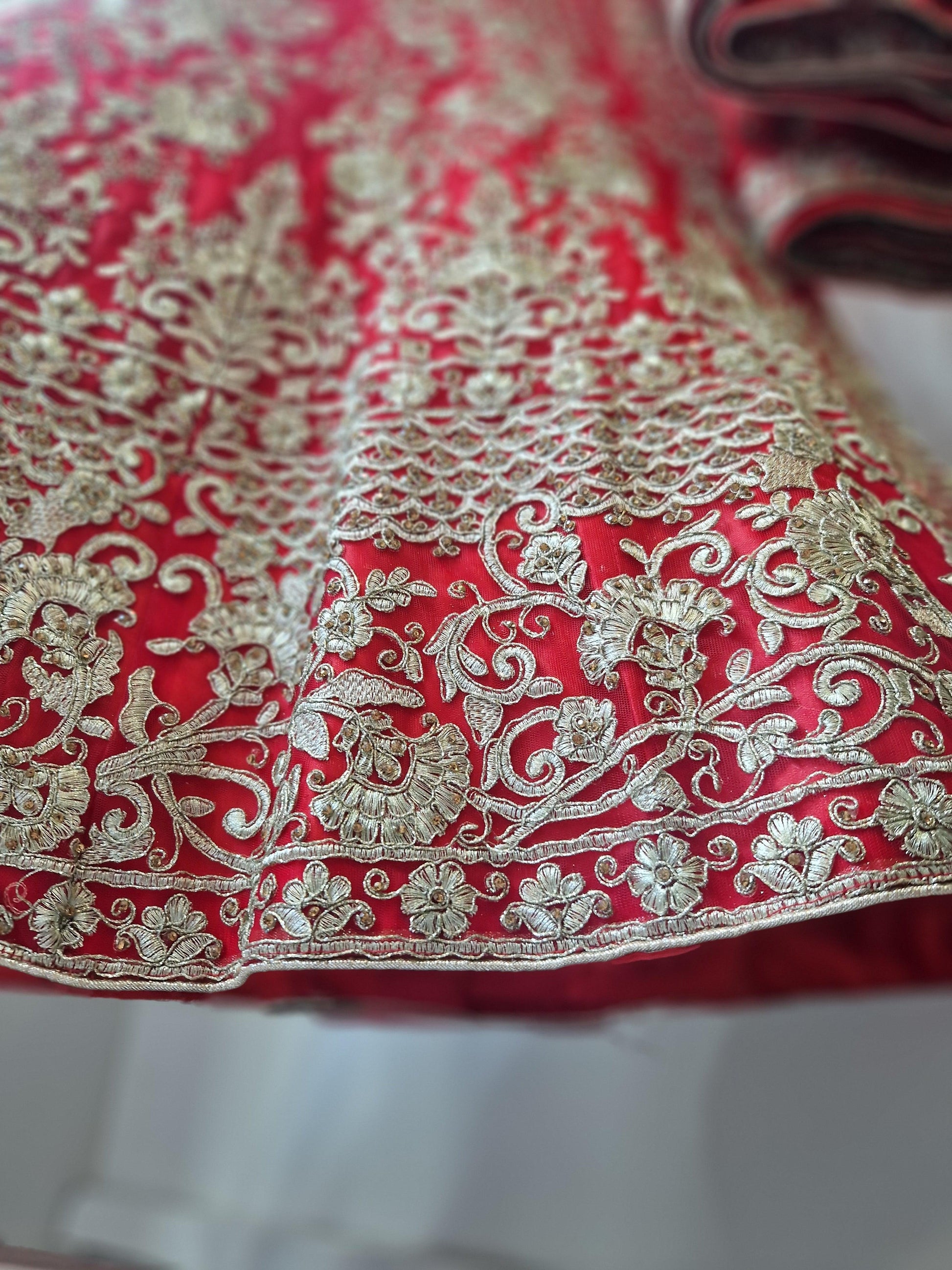 Nims Boutique Luxury Semi Stitched Red Bridal Embroidered Lehnga