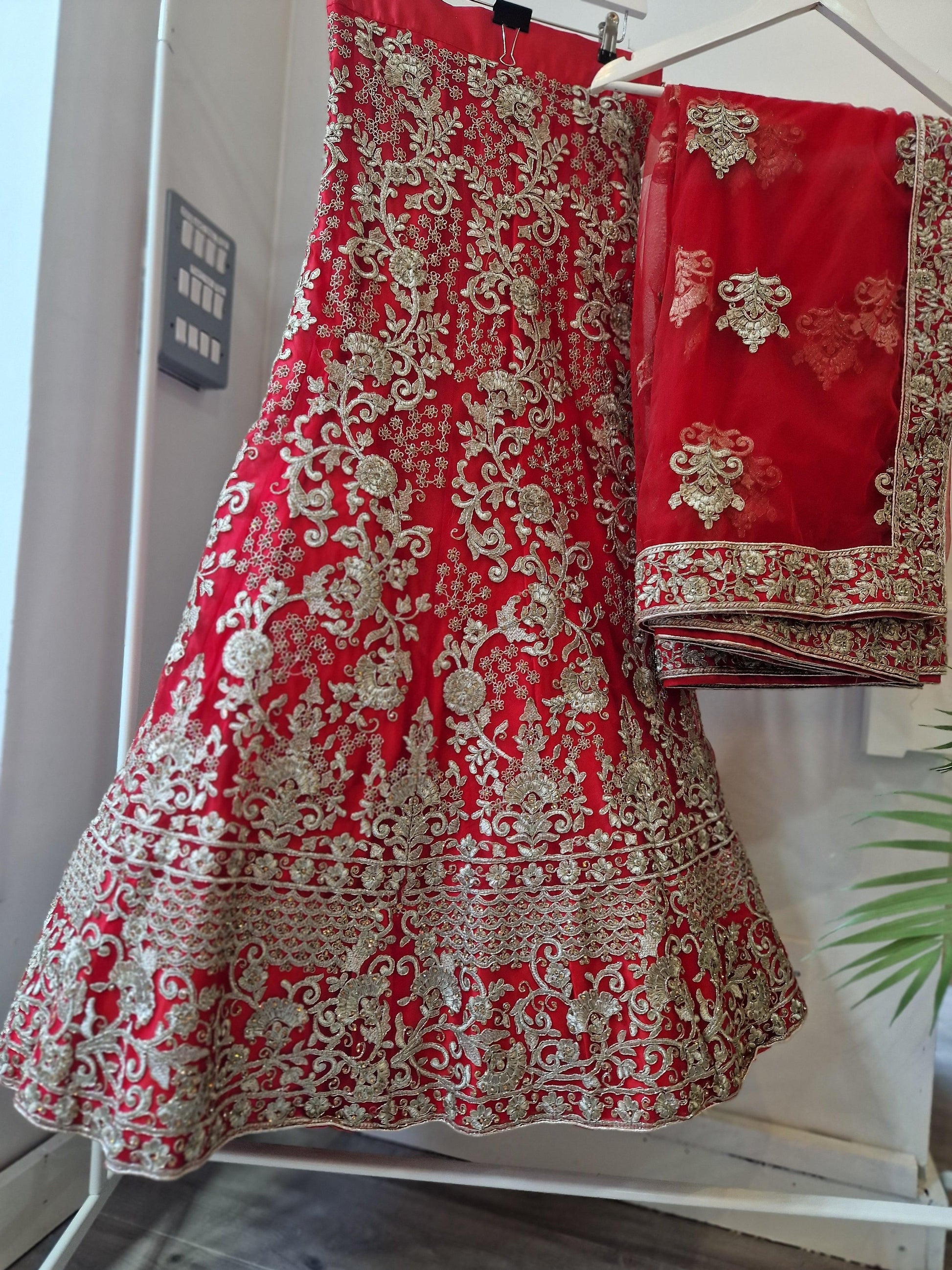 Nims Boutique Luxury Semi Stitched Red Bridal Embroidered Lehnga