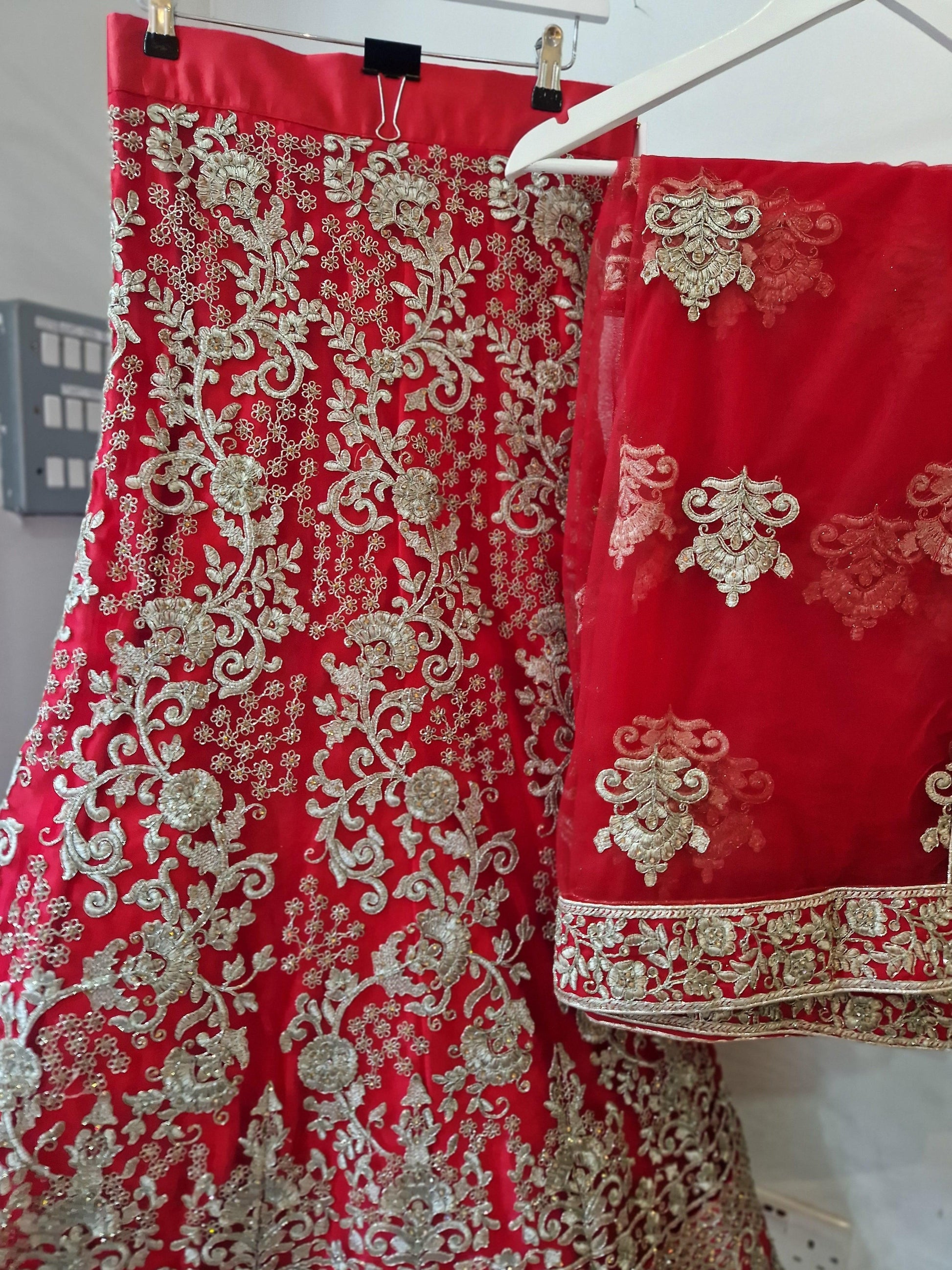 Nims Boutique Luxury Semi Stitched Red Bridal Embroidered Lehnga