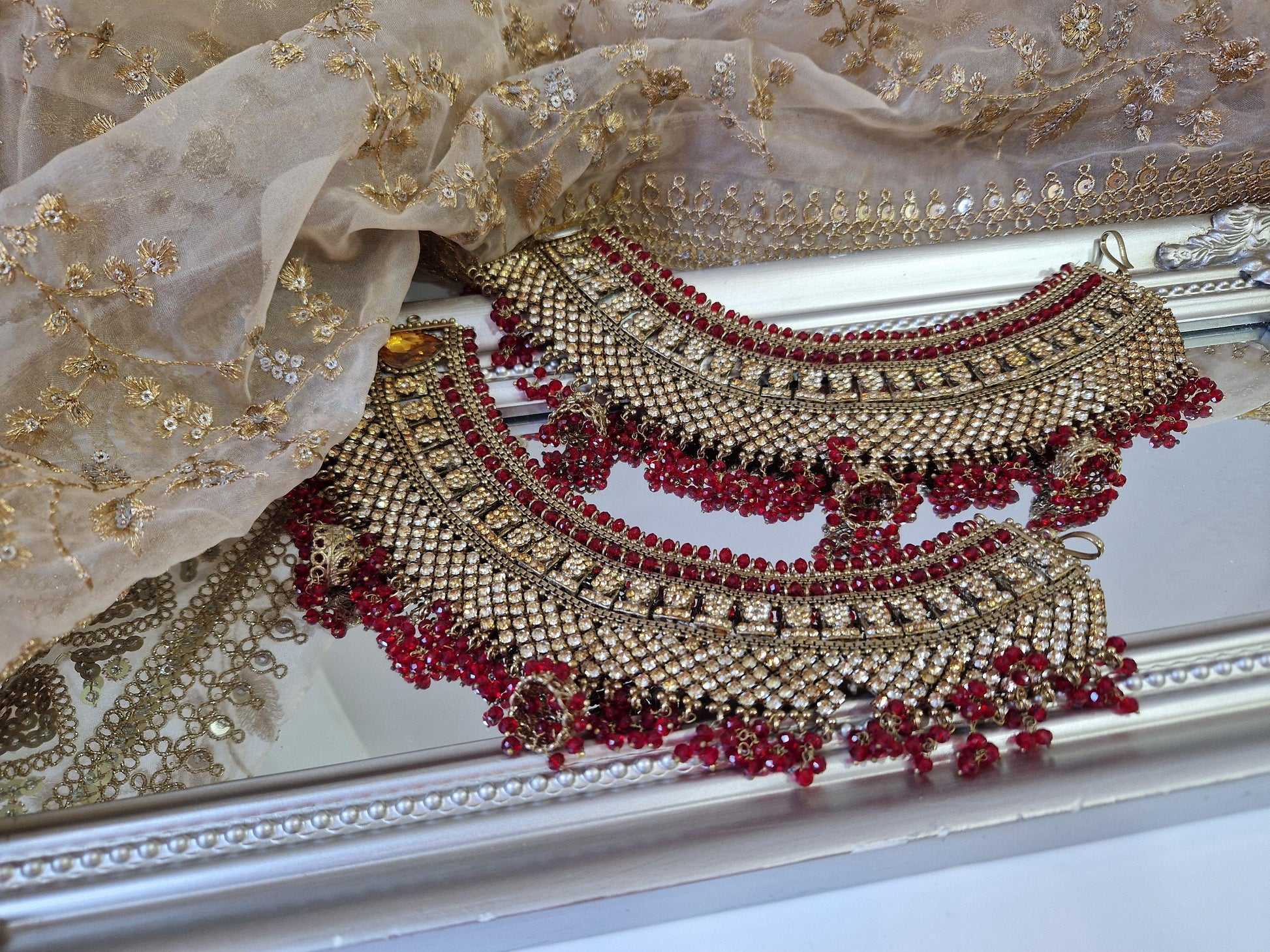 Nims Boutique Royal Shaadi Antique Gold & Red & Gold Stone Anklets slight fault