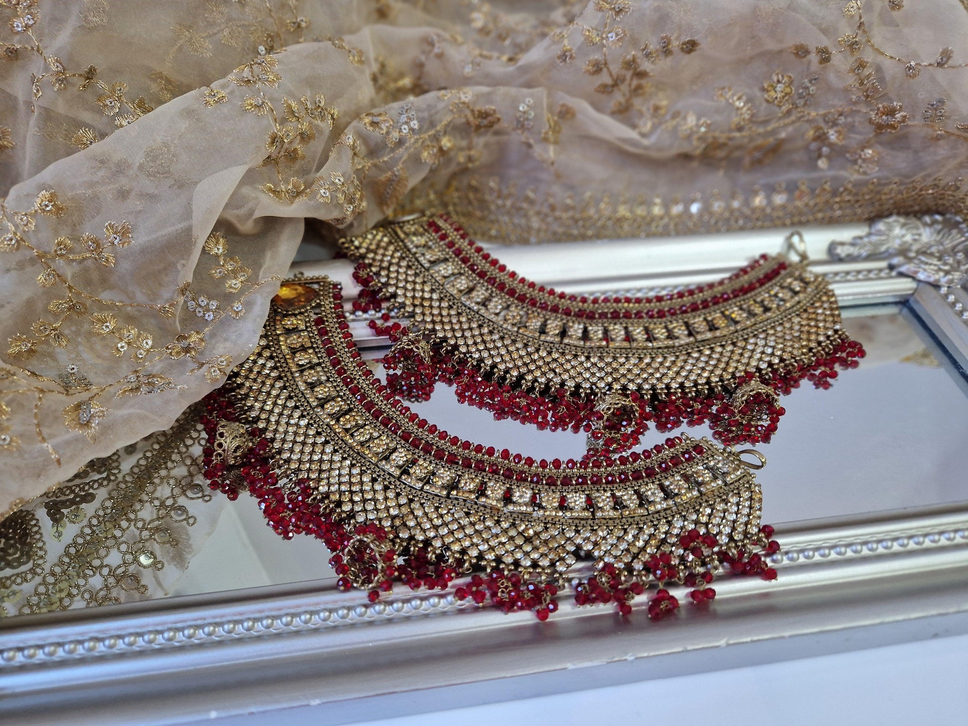 Nims Boutique Royal Shaadi Antique Gold & Red & Gold Stone Anklets slight fault
