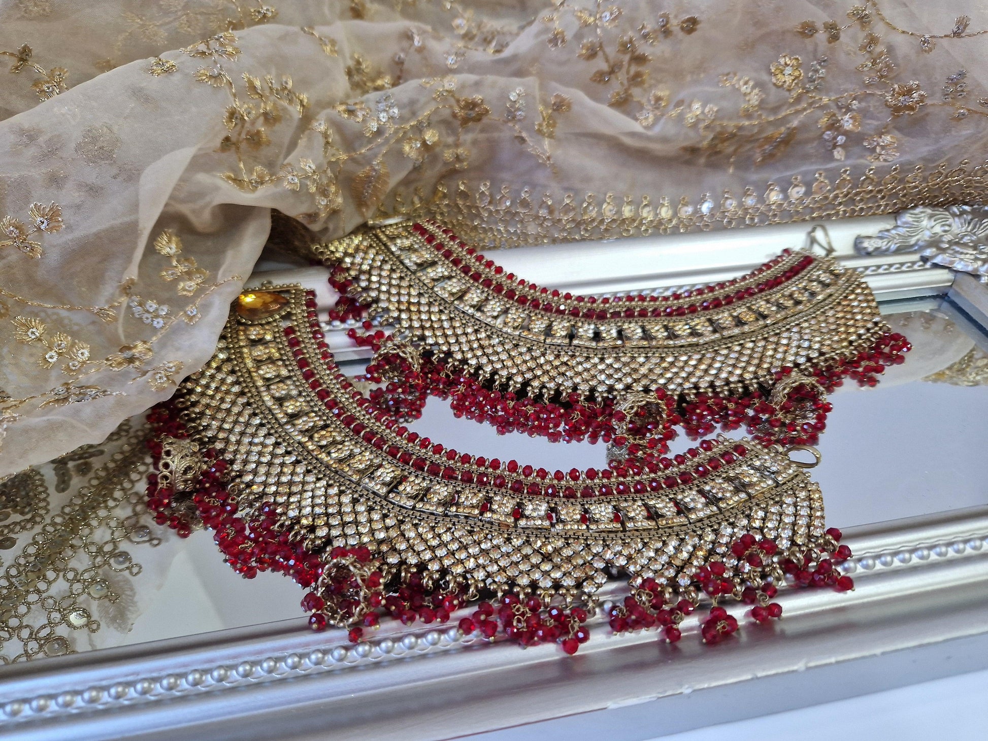 Nims Boutique Royal Shaadi Antique Gold & Red & Gold Stone Anklets slight fault