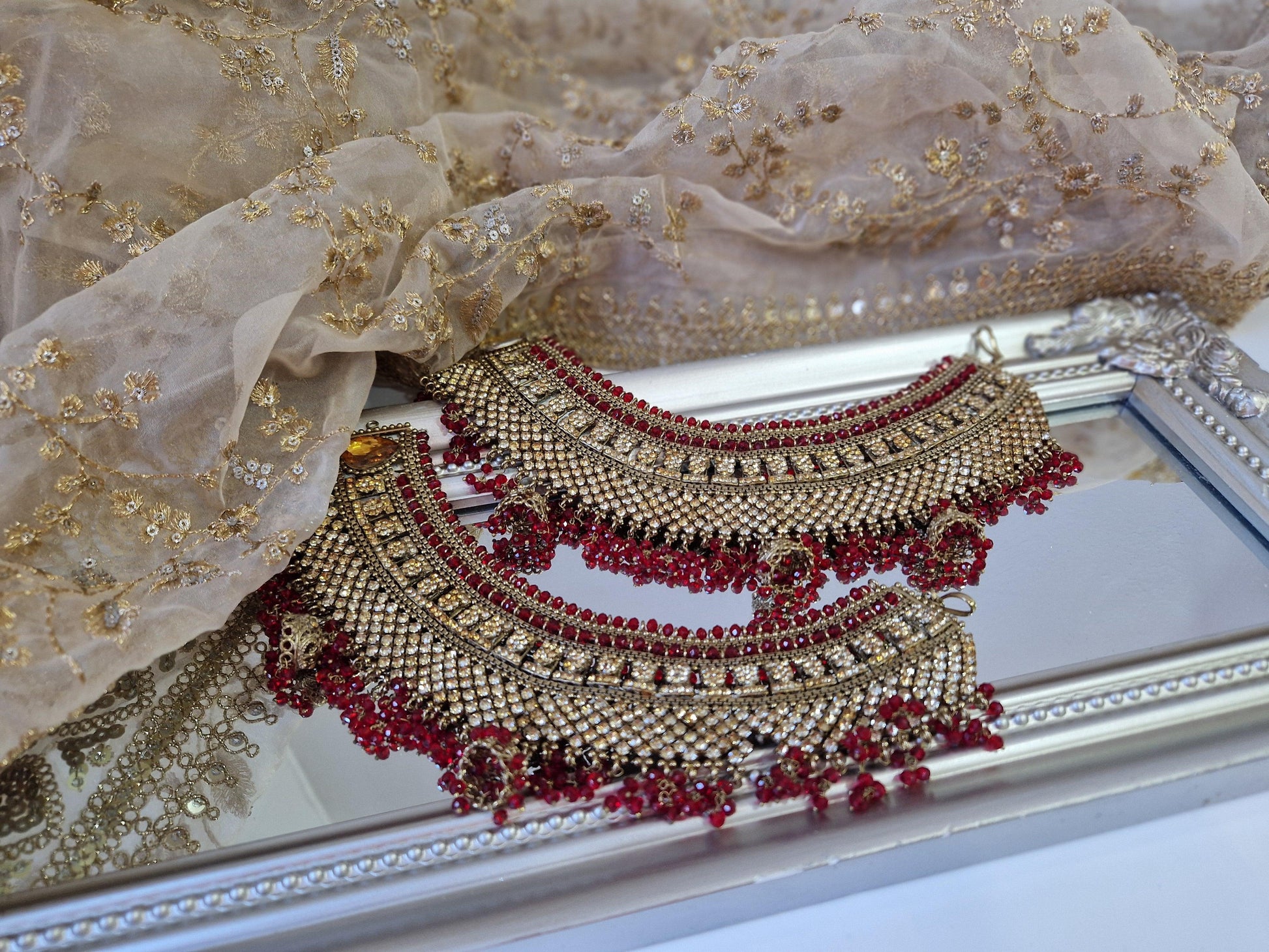 Nims Boutique Royal Shaadi Antique Gold & Red & Gold Stone Anklets slight fault